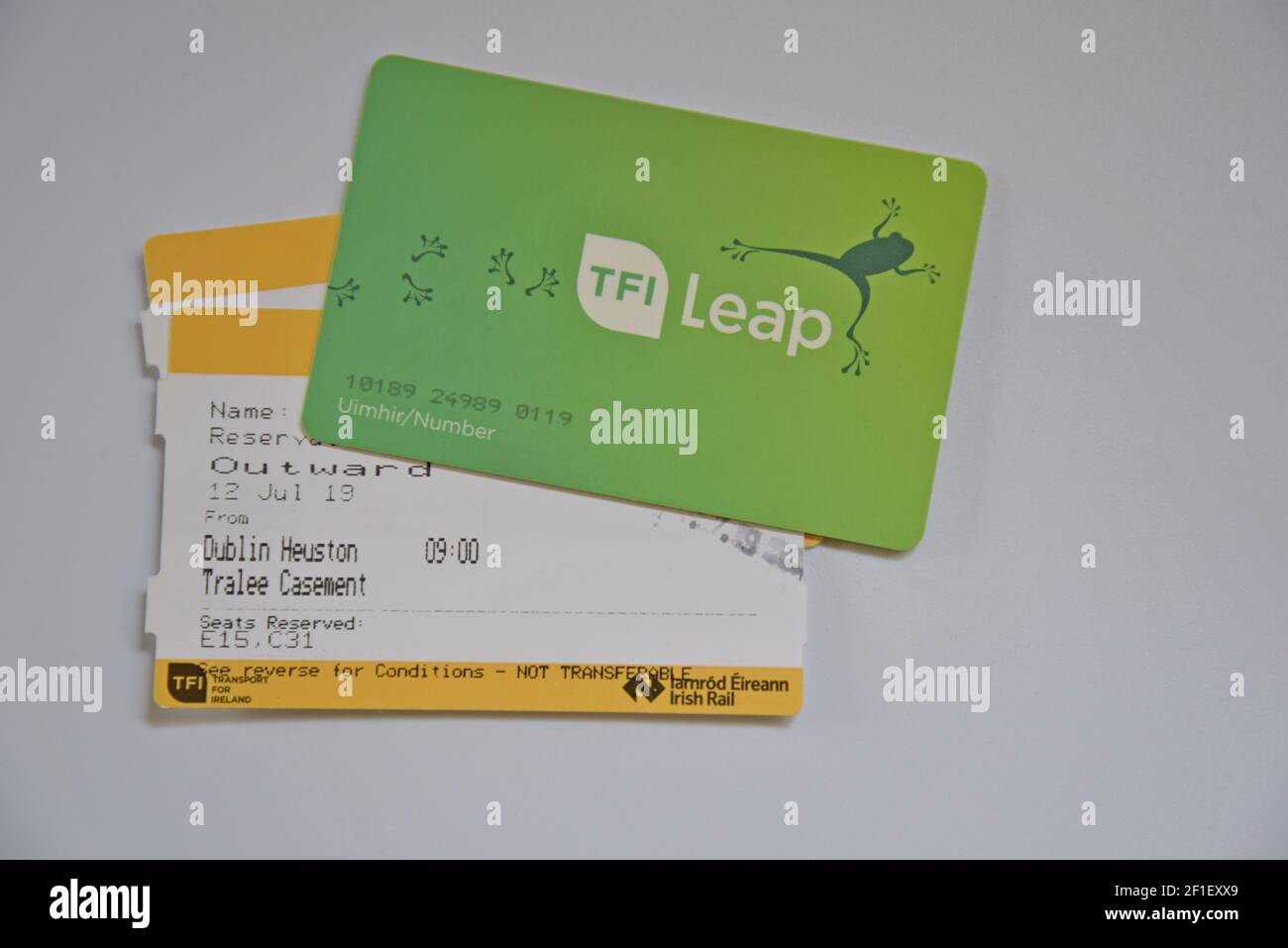 A Iarnród Éireann Transport for Ireland Leap smart card and Irish Rail train tickets Stock Photo