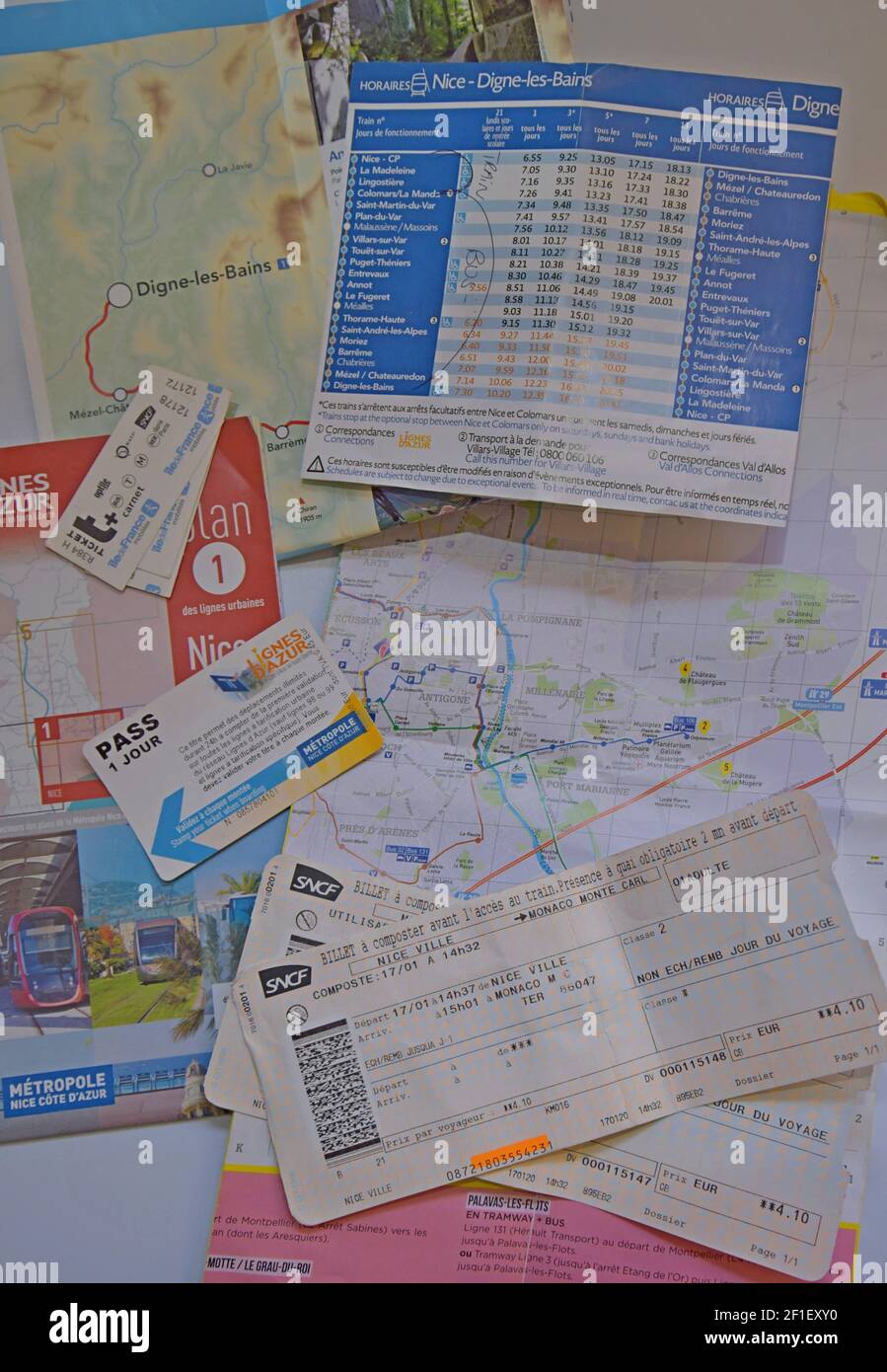 A selection of French train tickets and maps, ready to travel by rail across France Stock Photo