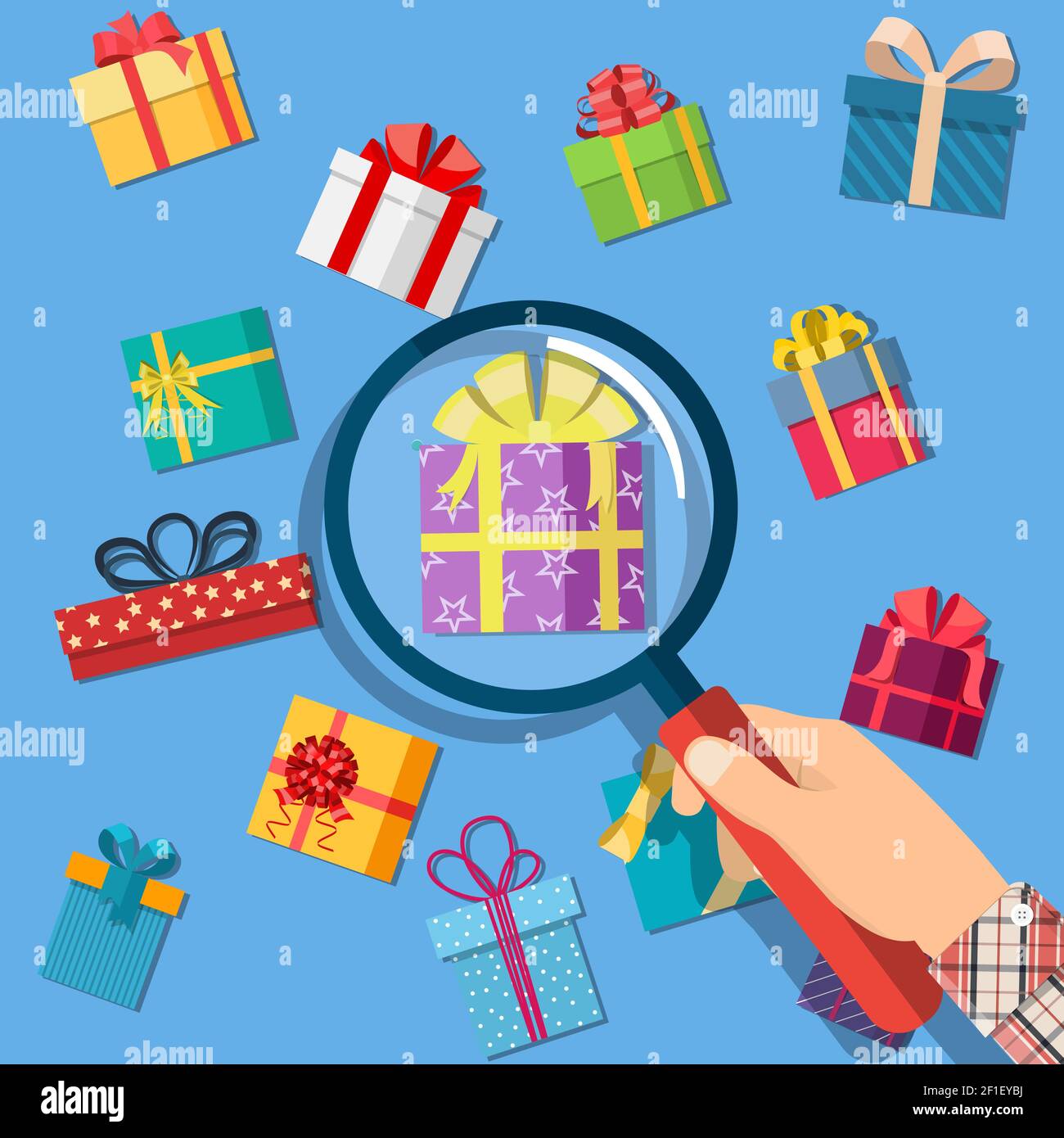 Gift boxes and hand with magnifying glass. Stock Vector