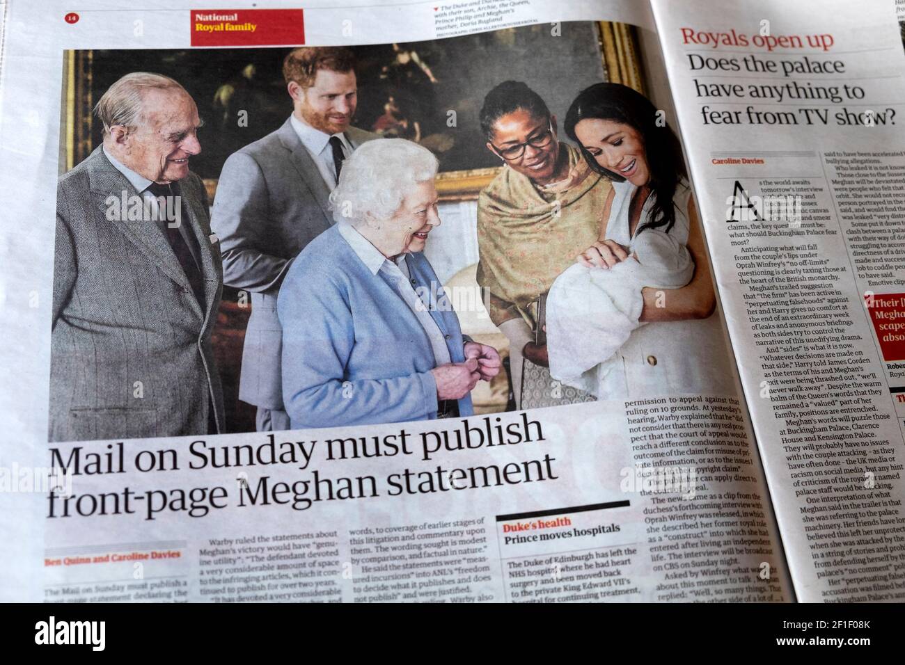 'Mail on Sunday must publish front-page Meghan statement' Royals Queen Meghan Markle Prince Harry baby Archie newspaper article on 5 March 2021 London Stock Photo