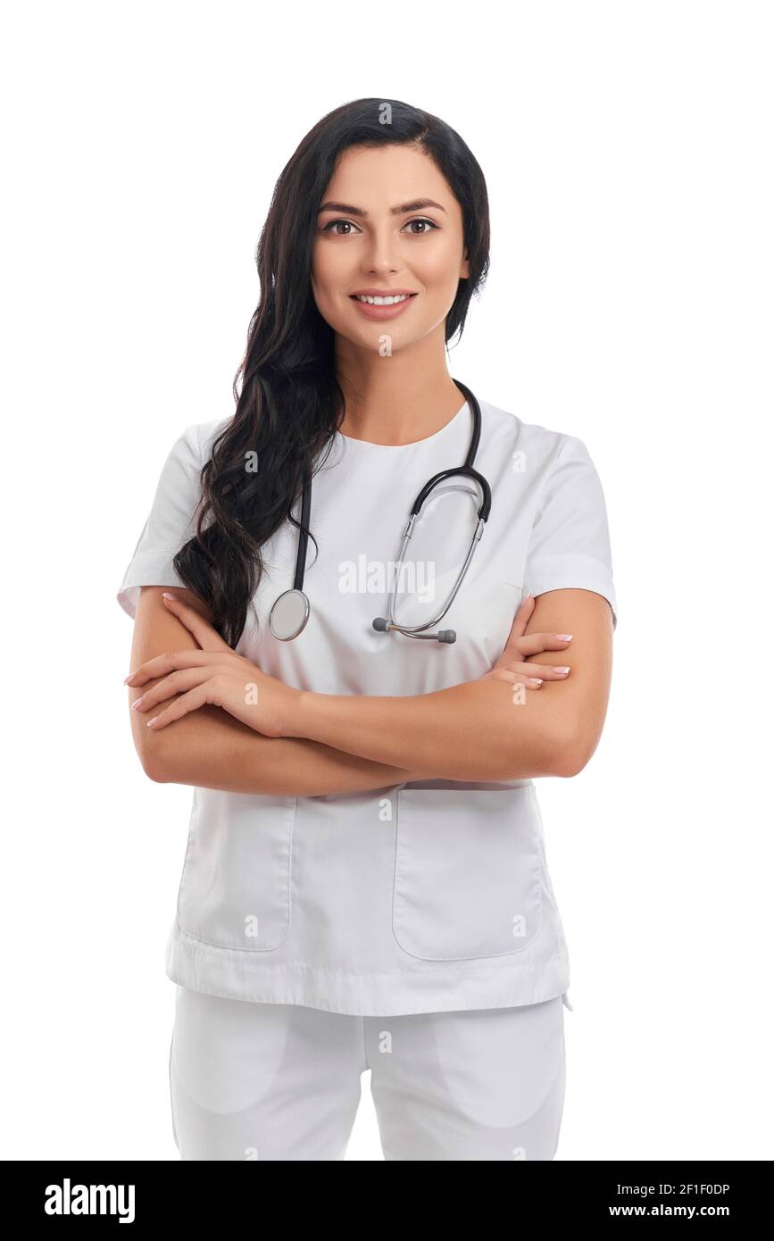 Confident female doctor in medical uniform with stethoscope on neck ...