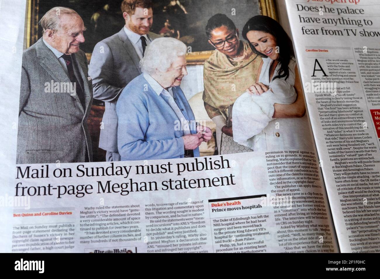 "Mail on Sunday must publish front-page Meghan statement" Royals Queen Meghan Markle Prince Harry baby Archie newspaper article on 5 March 2021 London Stock Photo