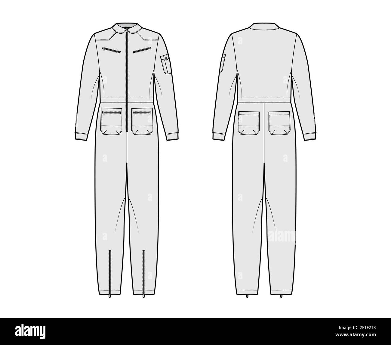 Aviator jumpsuit overall dungarees technical fashion illustration with full length normal waist zipper pockets oversized. Flat apparel front back grey color style. Women men unisex CAD mockup Stock Ve...