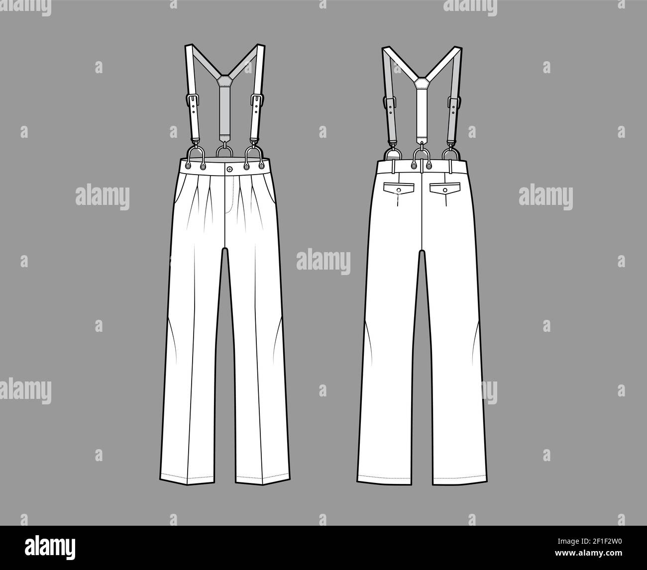 Suspender Pants Dungarees technical fashion illustration with full length, low waist, rise, pockets. Flat apparel garment bottom front back, white color style. Women, men unisex CAD mockup Stock Vector