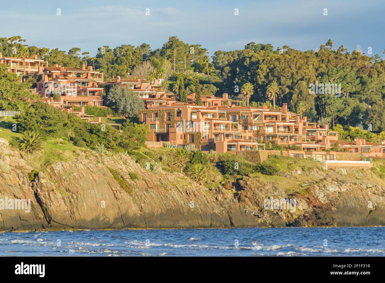 Waterfront Houses at Punta Ballena Beach, Uruguay Stock Photo