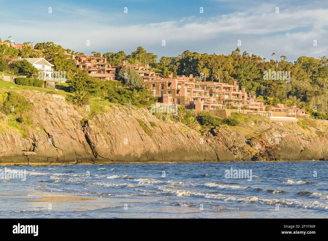 Waterfront Houses at Punta Ballena Beach, Uruguay Stock Photo