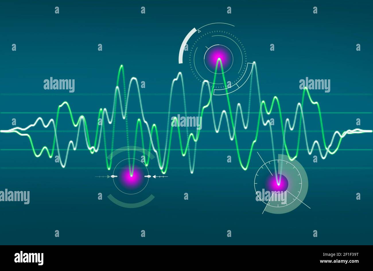 Sound waves, digital equalizer, frequencies. Music and radio, sound of the voice. Hearing and perception of sound waves. Hearing difficulties deafness Stock Photo