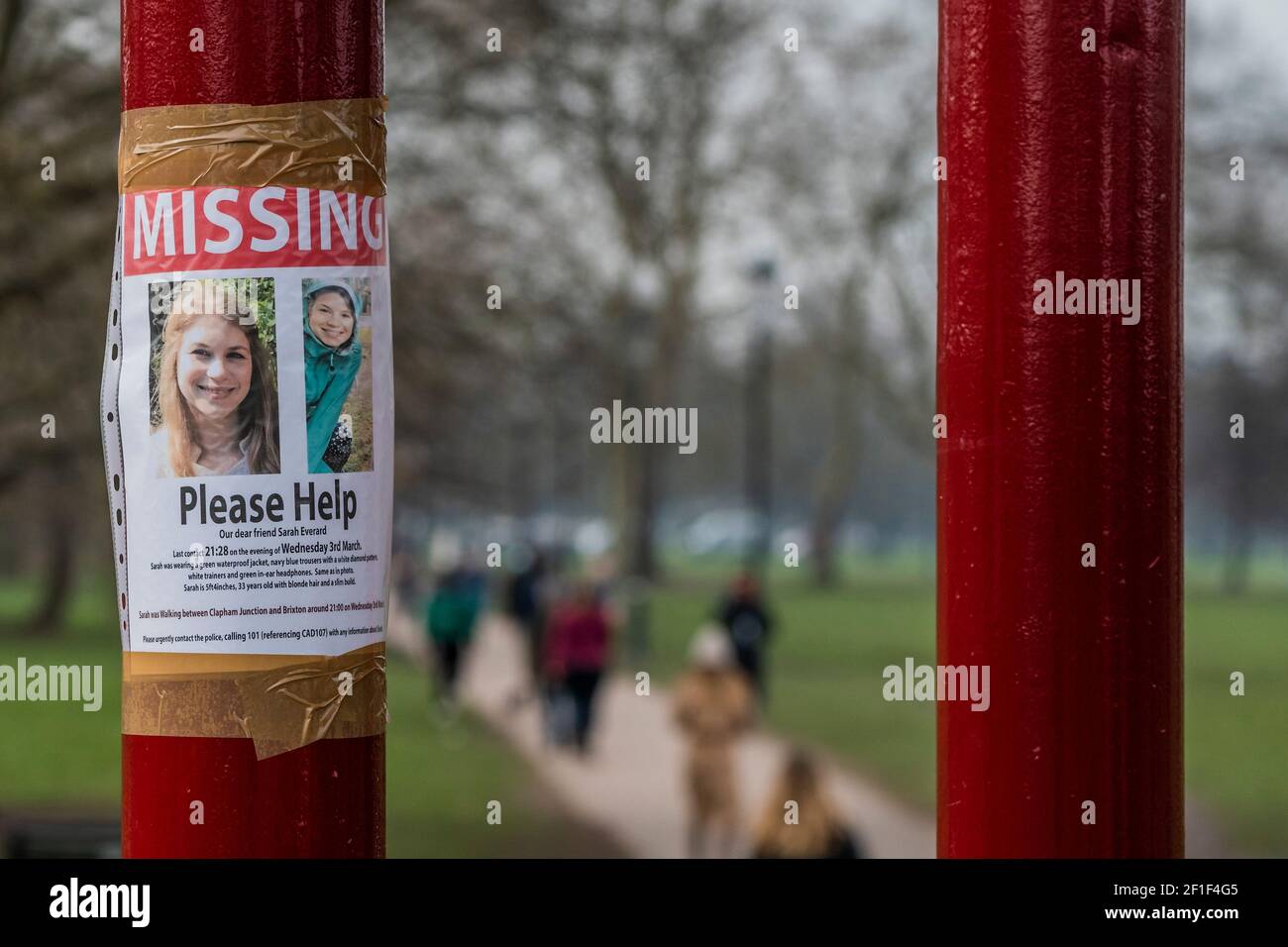 London, UK. 8th Mar, 2021. The search goes on for missing for Sarah Everard. There are signs (asking for any information) made by concerned friends on Clapham Common. She disappeared after 9:00 on March 3 somewhere between Clapham Junction and Brixton and recent cctv suggests she had made it past the common onto Poynders Road. Credit: Guy Bell/Alamy Live News Stock Photo