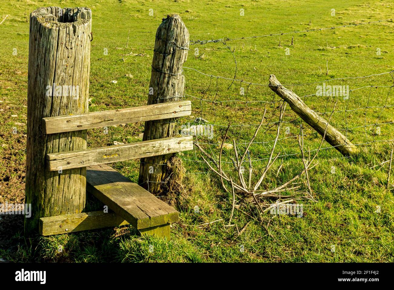 Wooden stile on a public footpath in a field in the British countryside. Stock Photo
