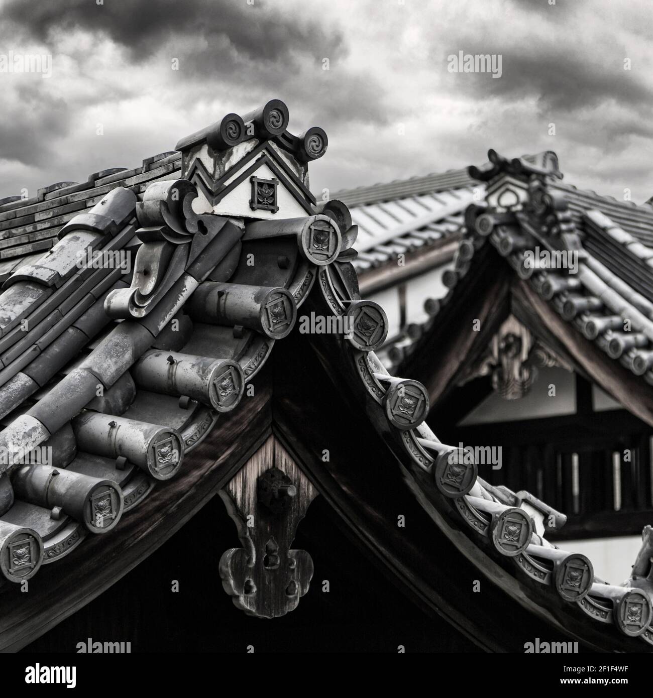 The rooftops of historic Gion, Kyoto, Japan. Black and white detail or the traditional Japanese architecture. Stock Photo