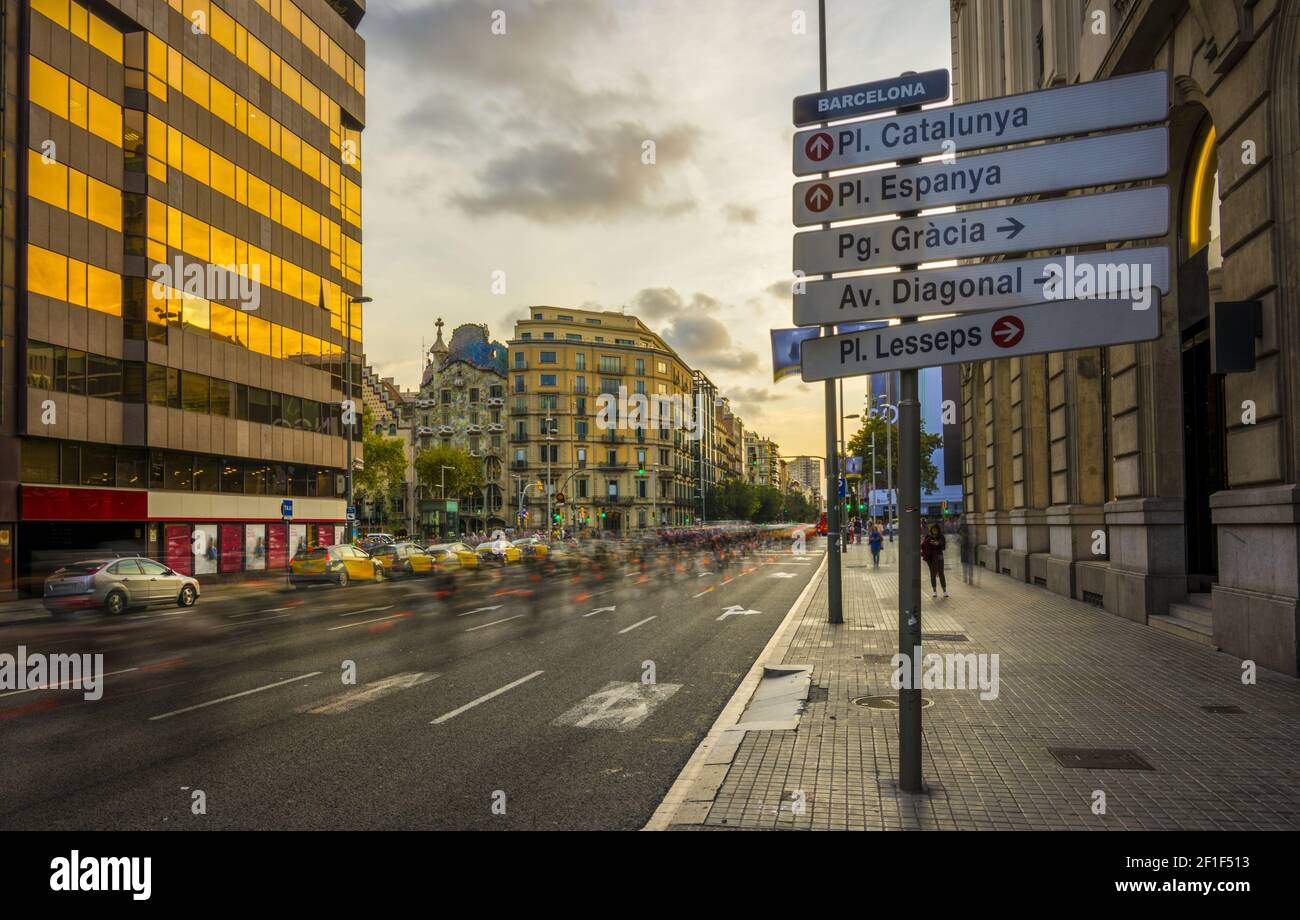 A street sign in Barcelona, Spain,, with directions of the main streets of the city Stock Photo