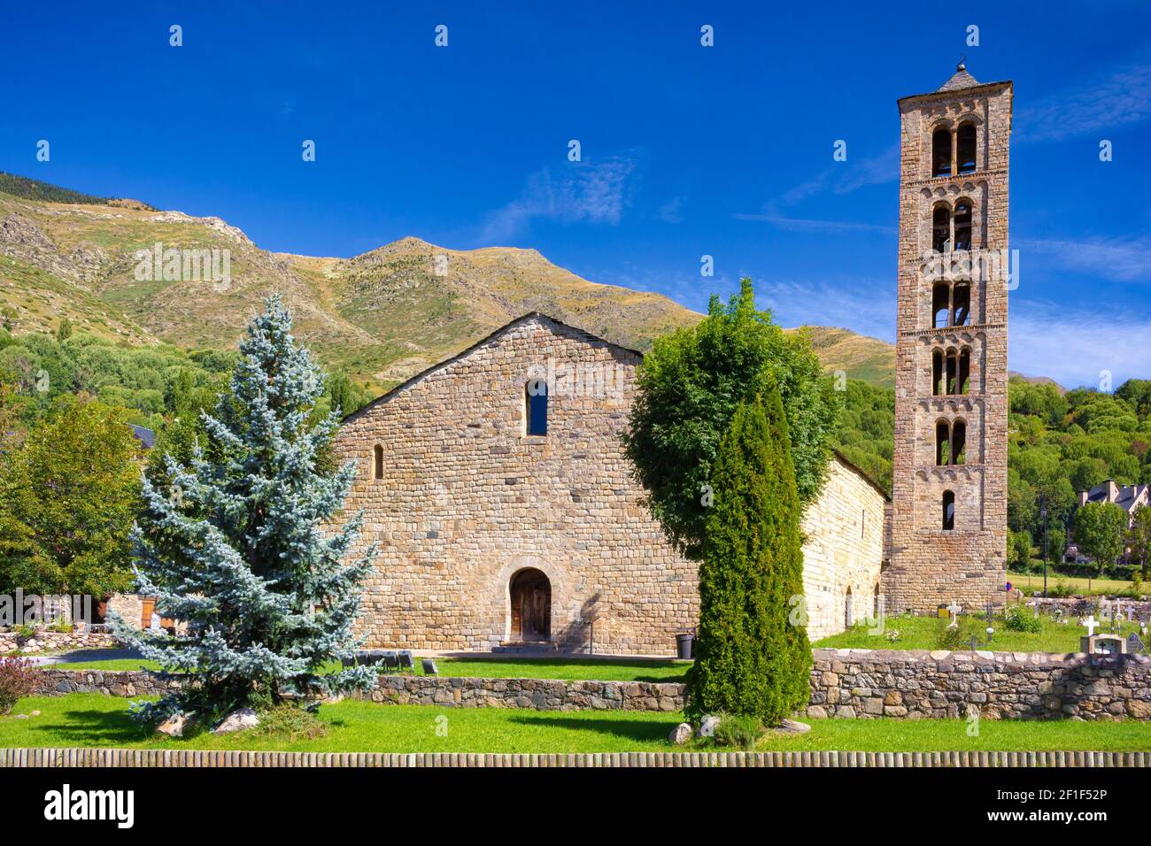 View of the main facade of the church of St. Climent in Taull, declared a UNESCO heritage site. Catalonia, Spain Stock Photo