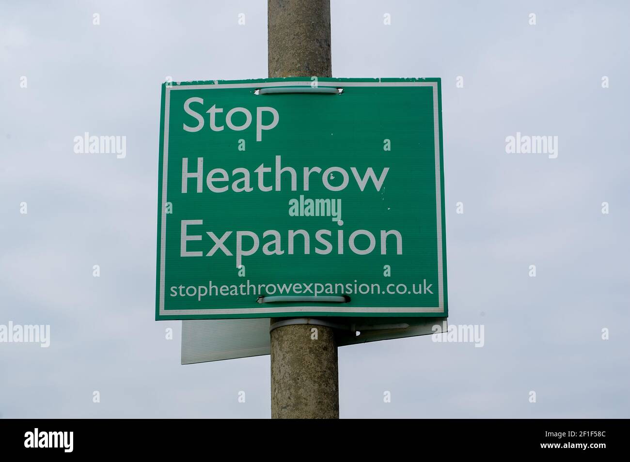 Harmondsworth, UK. 8th March, 2021. The fight by local residents and environmentalists to the stop the third runway at London Heathrow continues. Last year the Supreme Court reversed a decision to stop plans for a third runway at Heathrow Airport. Developers are now able to seek planning permission for the controversial third runway. Not only would the number of flights from London Heathrow increase dramatically but they would be flying at lower heights causing more noise and pollution to residents living under the flight path. Credit: Maureen McLean/Alamy Stock Photo