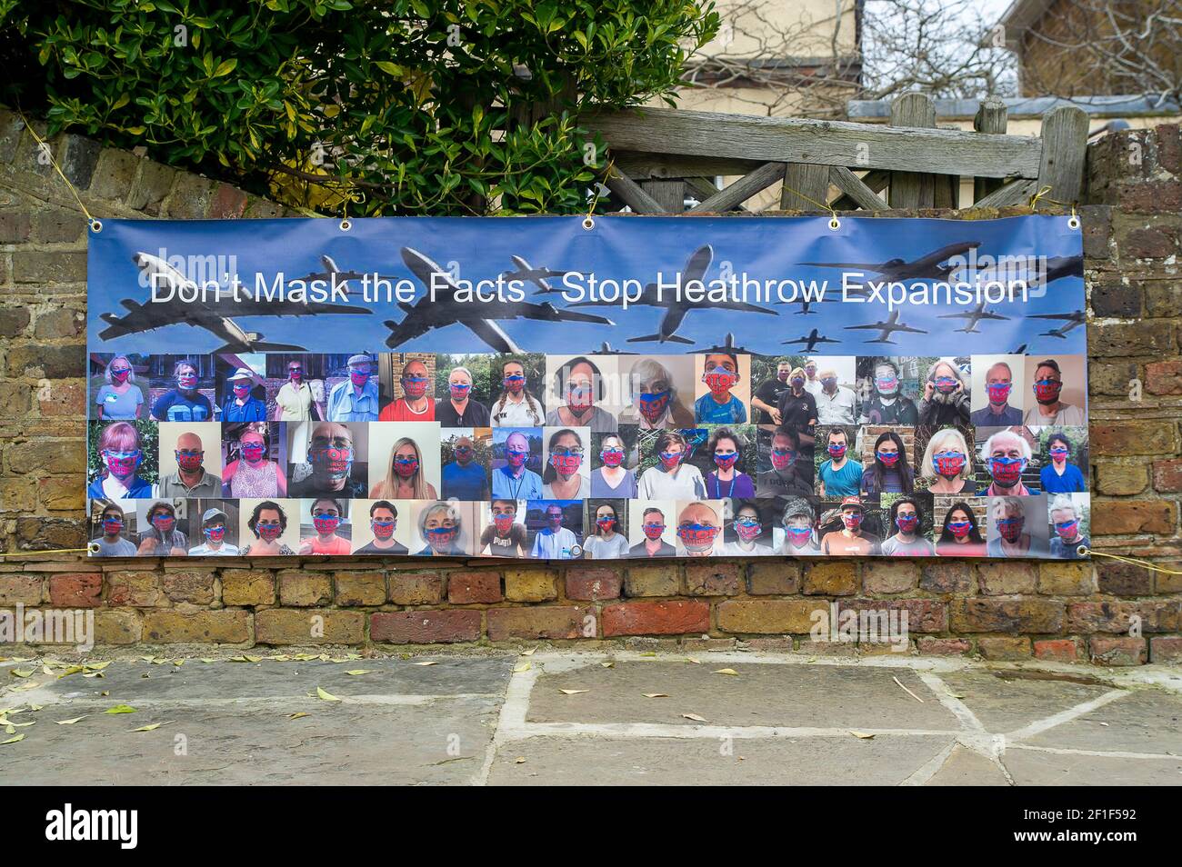 Harmondsworth, UK. 8th March, 2021. The fight by local residents and environmentalists to the stop the third runway at London Heathrow continues. Last year the Supreme Court reversed a decision to stop plans for a third runway at Heathrow Airport. Developers are now able to seek planning permission for the controversial third runway. Not only would the number of flights from London Heathrow increase dramatically but they would be flying at lower heights causing more noise and pollution to residents living under the flight path. Credit: Maureen McLean/Alamy Stock Photo