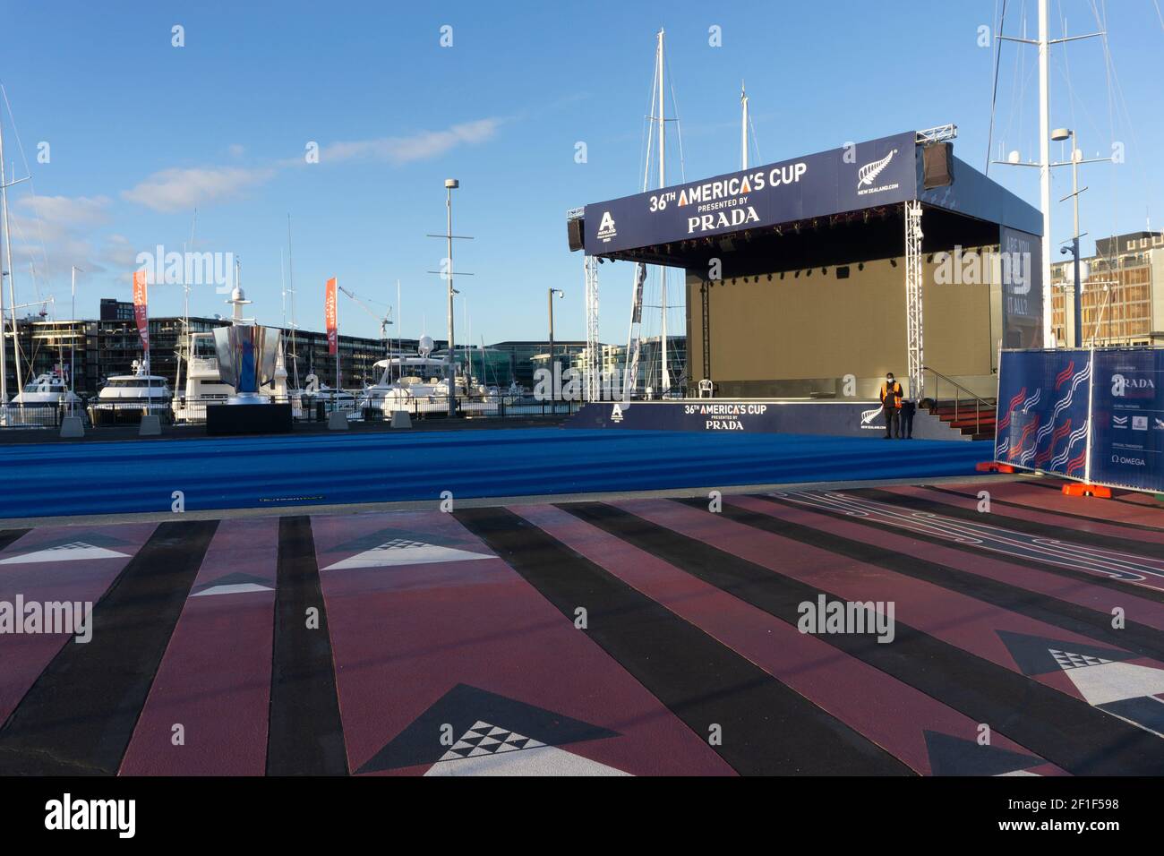 Auckland, New Zealand 2021. Empty fan zone at the America’s cup village during alert level 3 lockdown. Stock Photo