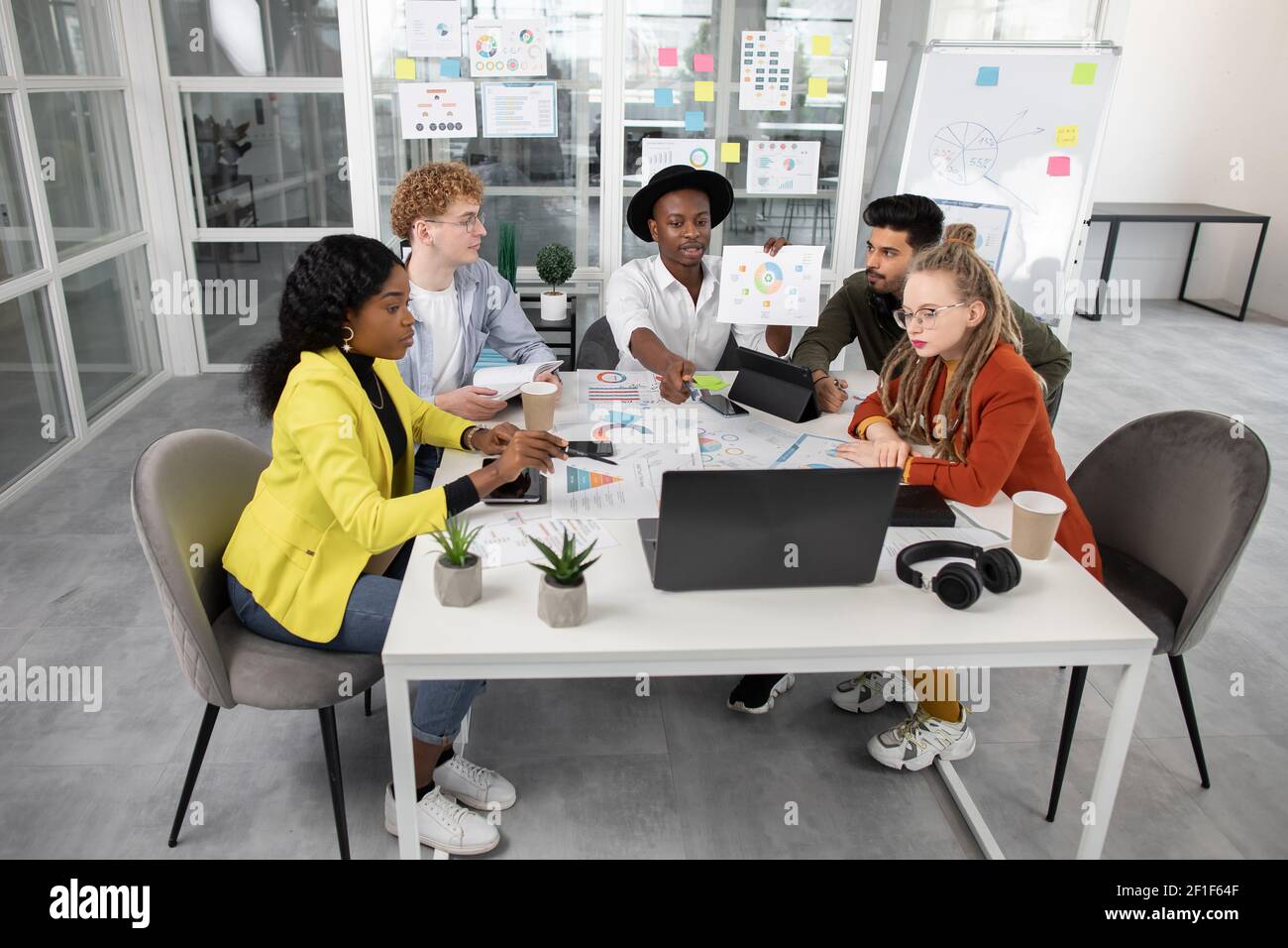 Mixed race team having meeting online through video chat Stock Photo