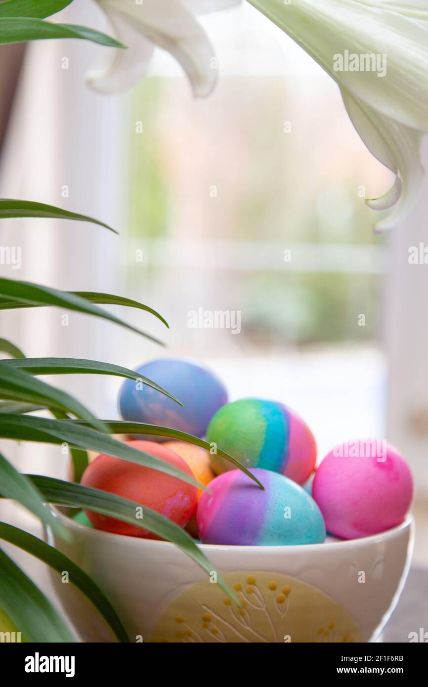 Bowl of brightly colored Easter eggs on diplay in kitchen window Stock Photo