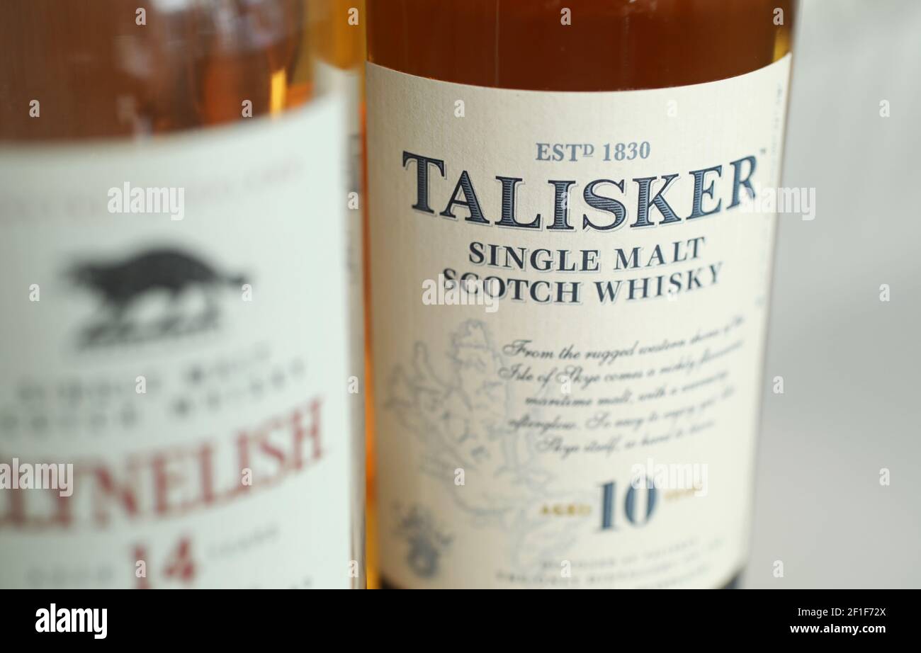 MOTALA, SWEDEN- 2 MARCH 2021: Talisker distillery is an island single malt Scotch whisky distillery based in Carbost, Scotland on the Minginish Peninsula on the Isle of Skye. Stock Photo
