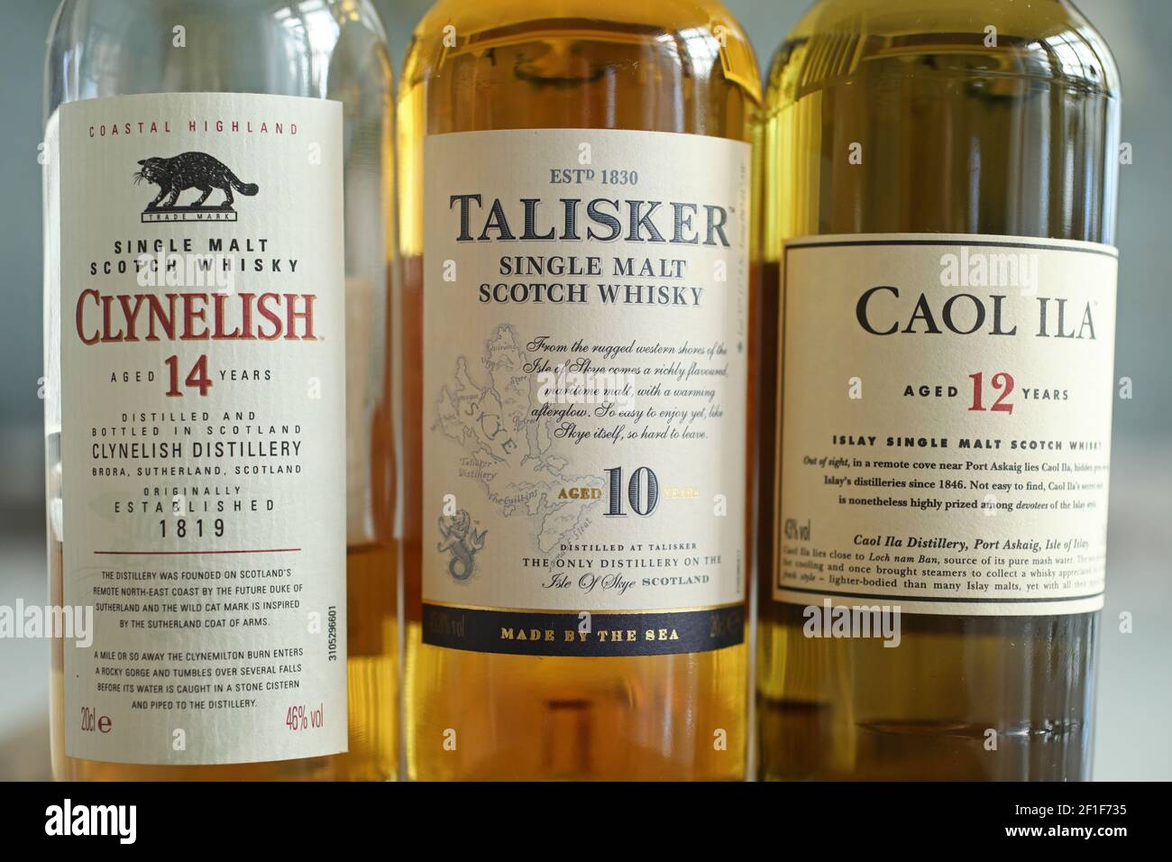 MOTALA, SWEDEN- 2 MARCH 2021: Classic malts selection whisky in a box. Clynelish, Talisker and Caol Ila whisky bottles. Stock Photo