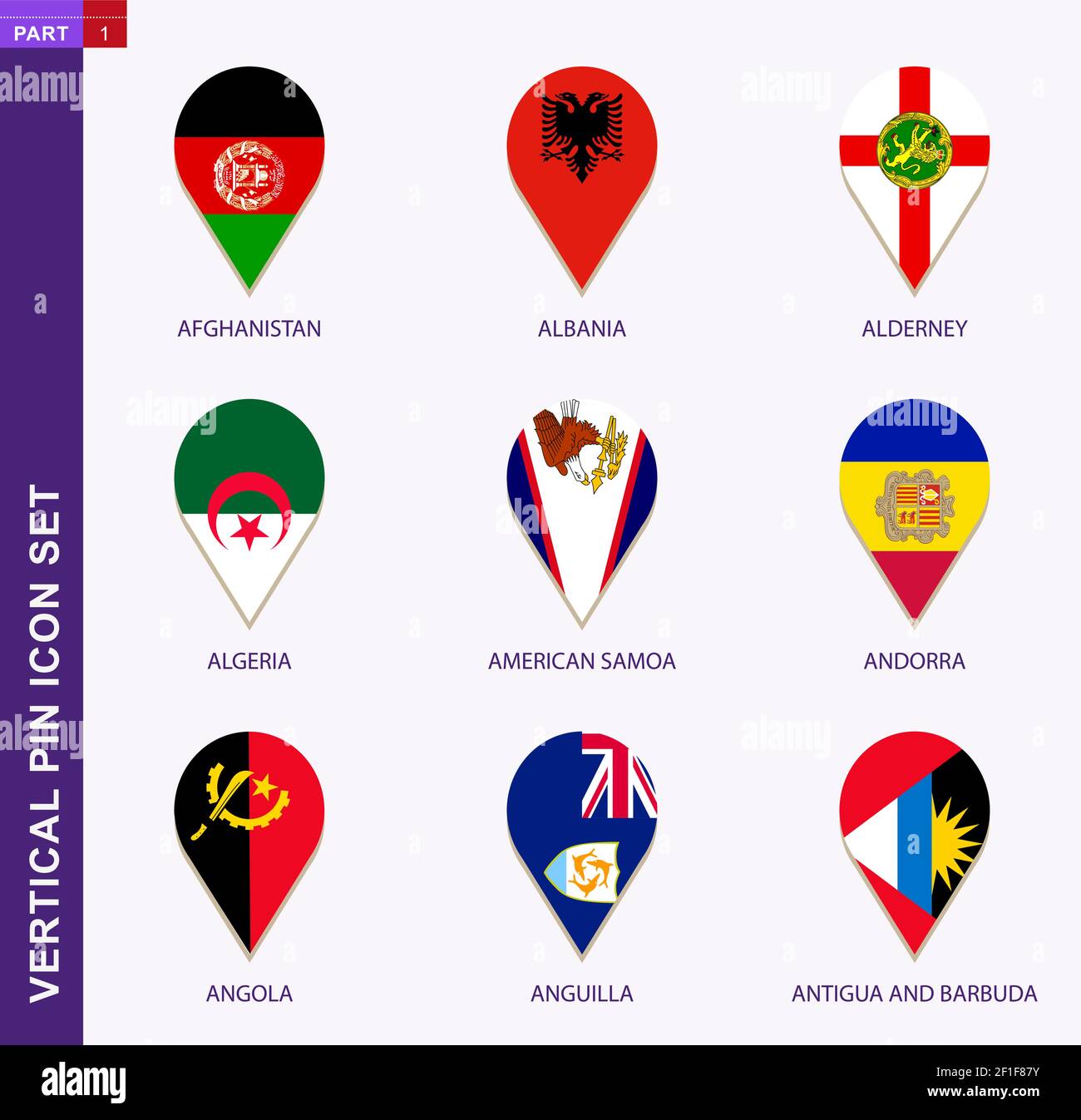 Vertical pin icon set, 9 country flag: Afghanistan, Albania, Alderney, Algeria, American Samoa, Andorra, Angola, Anguilla, Antigua and Barbuda Stock Vector