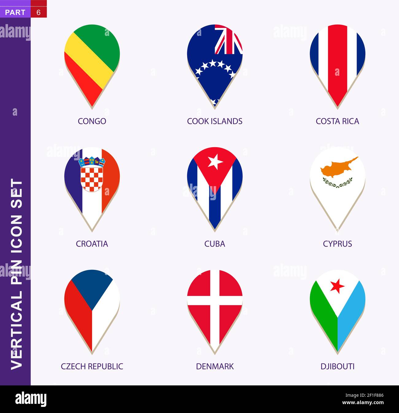 Vertical pin icon set, 9 country flag: Congo, Cook Islands, Costa Rica, Croatia, Cuba, Cyprus, Czech Republic, Denmark, Djibouti Stock Vector