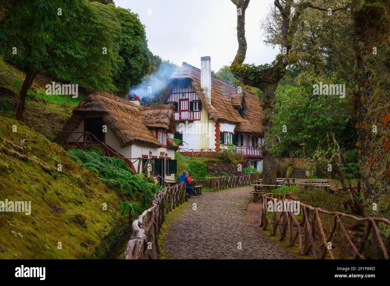 Historic house with thatched roof in Queimadas Forest Park, Madeira, Portugal Stock Photo