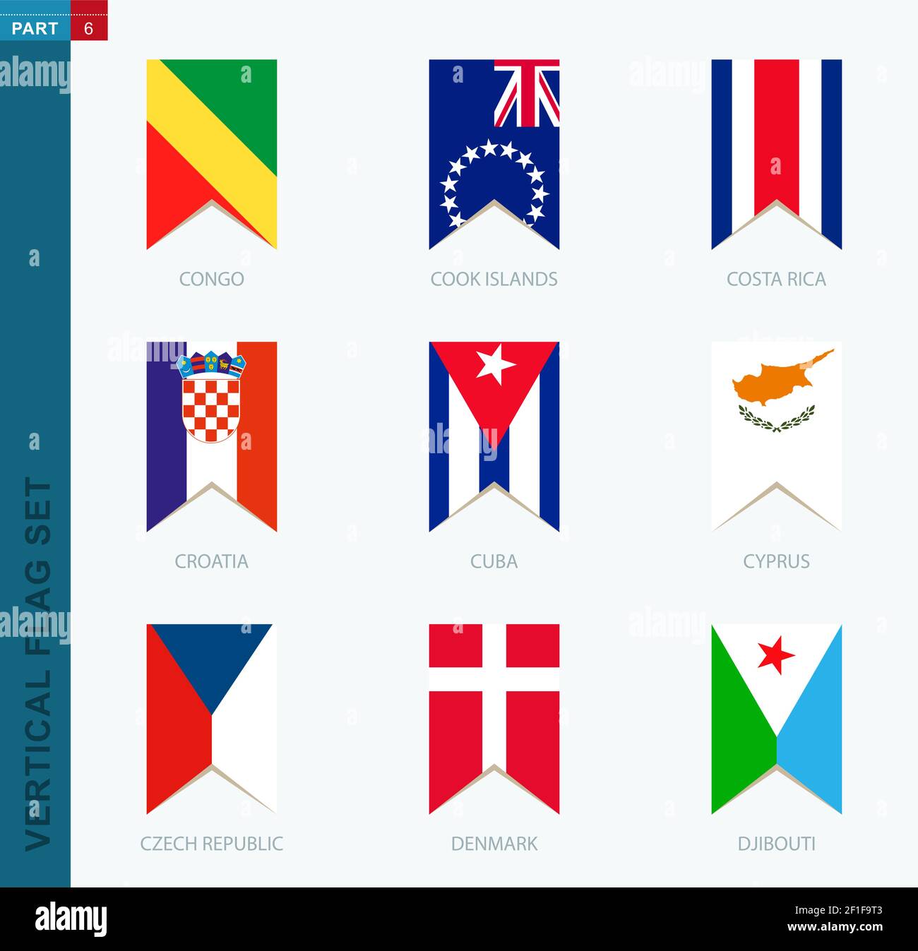 Nine vector vertical flag set. Vertical icon with flag of Congo, Cook Islands, Costa Rica, Croatia, Cuba, Cyprus, Czech Republic, Denmark, Djibouti Stock Vector
