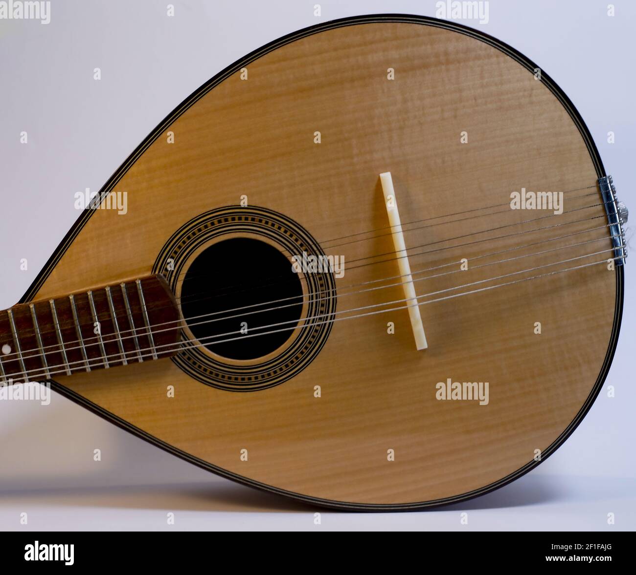 A closeup view of a wooden lute instrument placed on a white background
