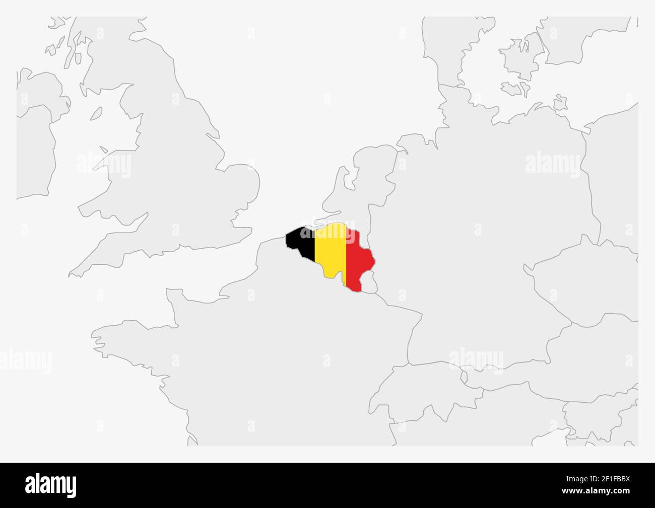 Belgium map highlighted in Belgium flag colors, gray map with neighboring countries Stock Vector