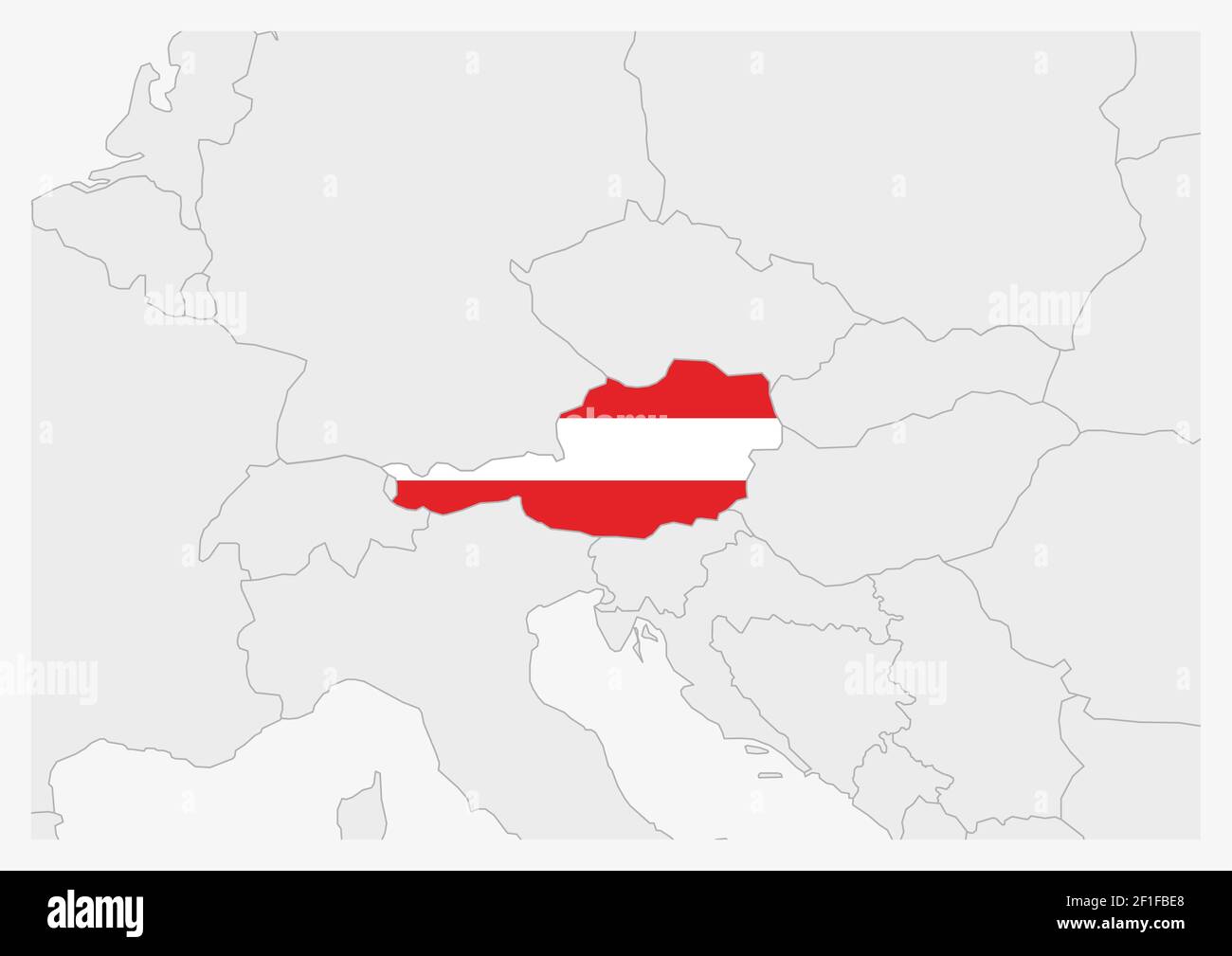 Austria map highlighted in Austria flag colors, gray map with neighboring countries. Stock Vector