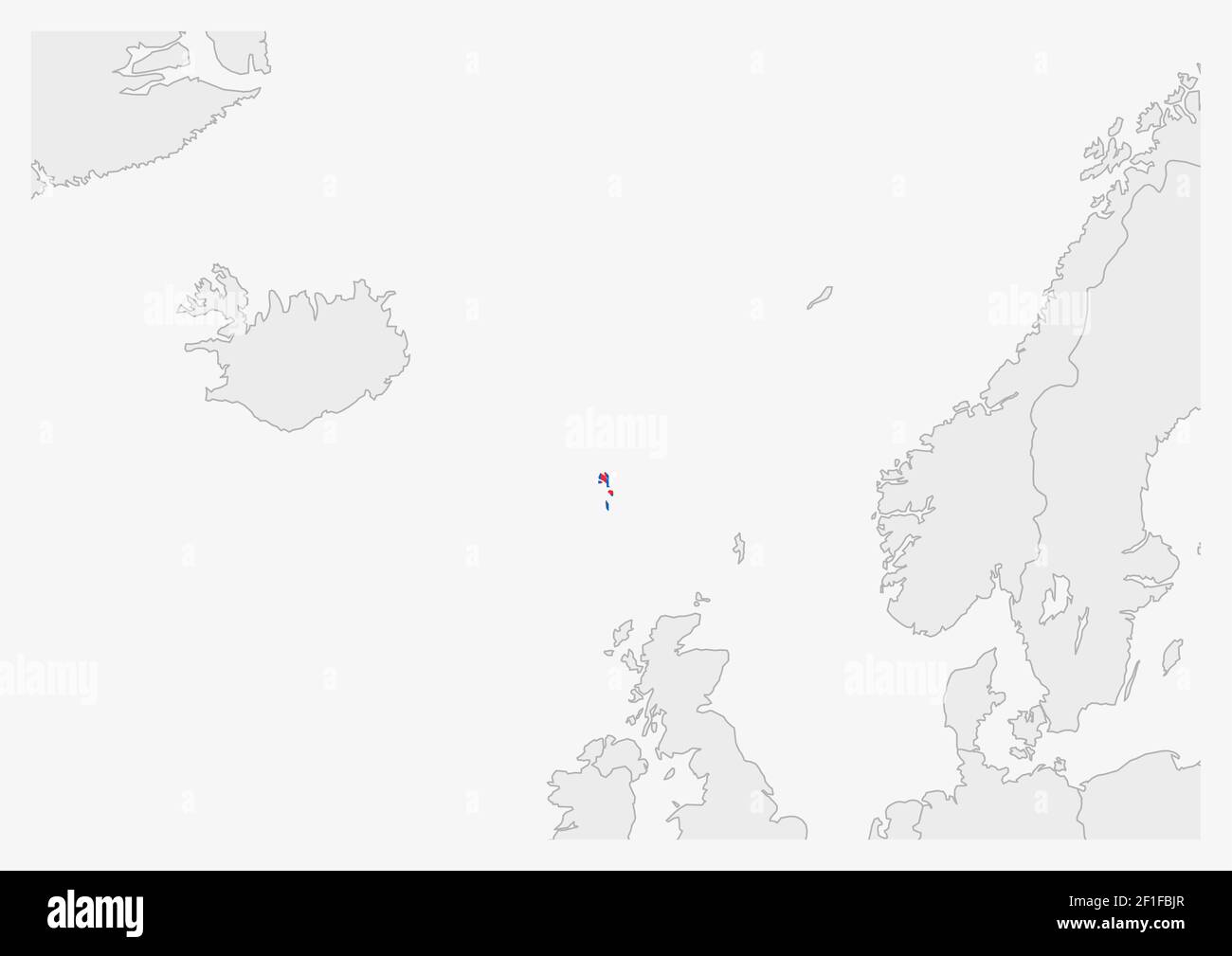 Faroe Islands map highlighted in Faroe Islands flag colors, gray map