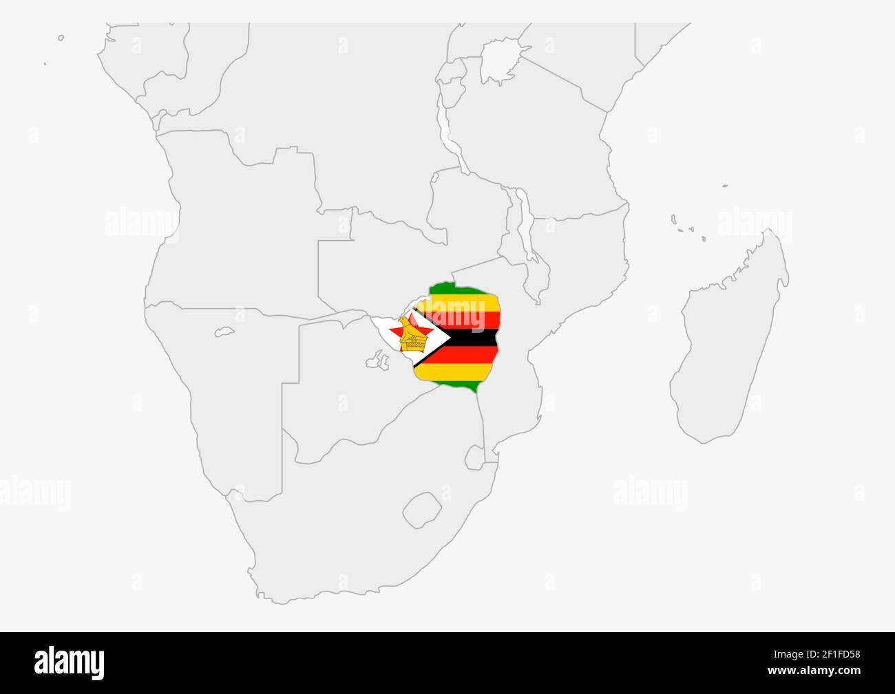 Zimbabwe map highlighted in Zimbabwe flag colors, gray map with