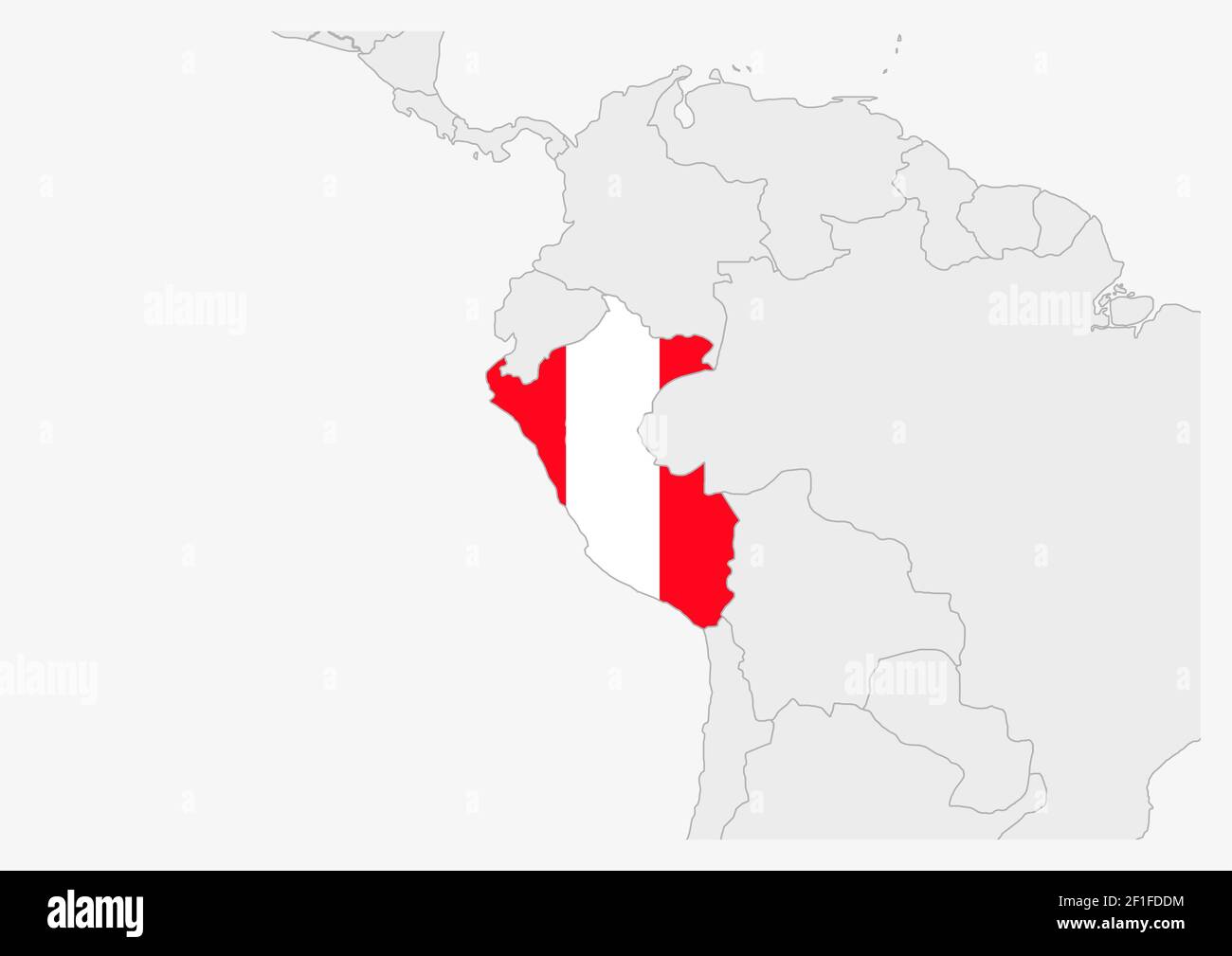 Peru map highlighted in Peru flag colors, gray map with neighboring