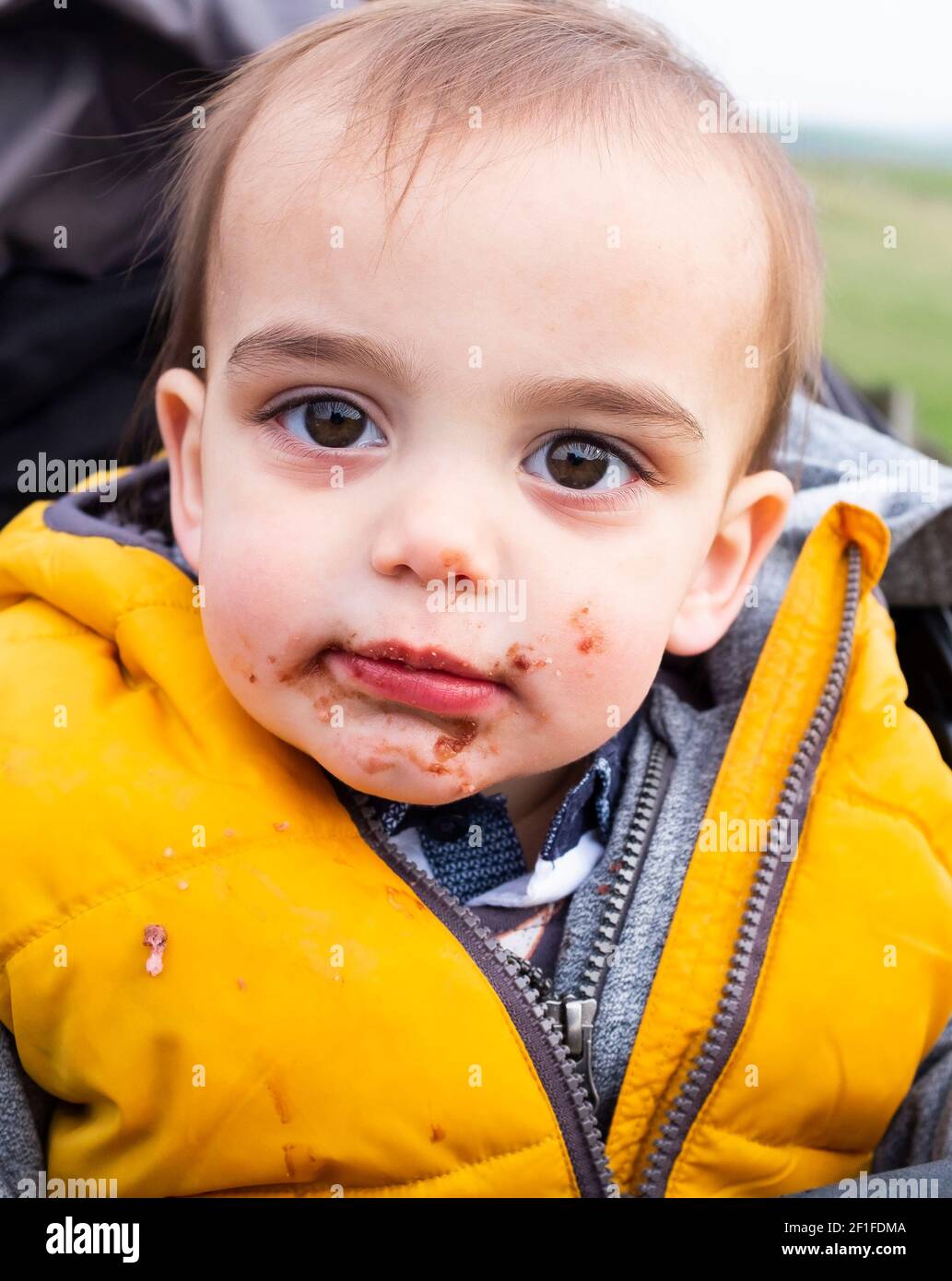 Young toddler of 17 months of age with chocolate on his face after eating a cake treat Stock Photo