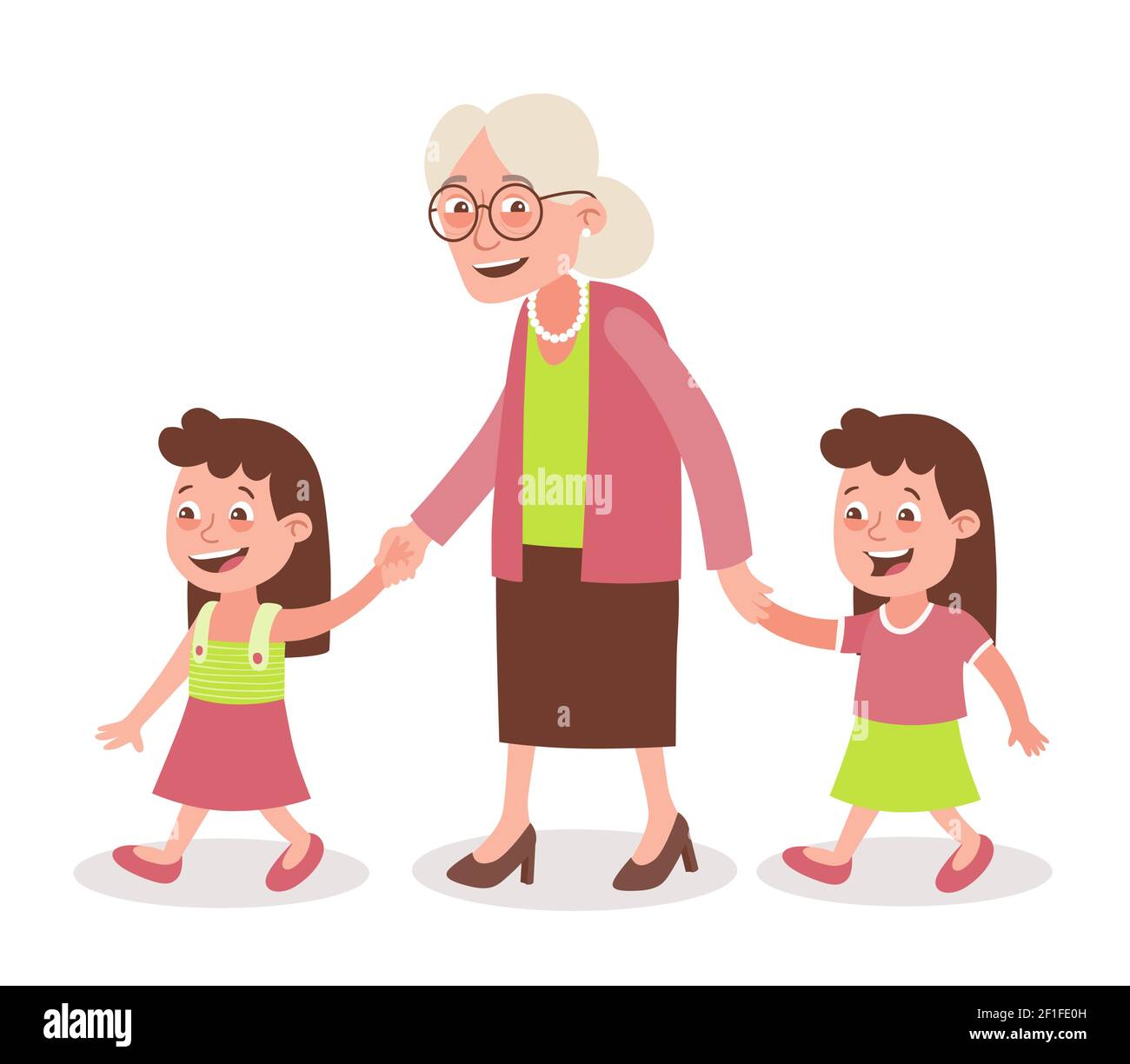 Grandmother with her grandchildren walking. Two girls, twins. She takes them by the hand. Cartoon style, isolated on white background. Vector illustra Stock Vector