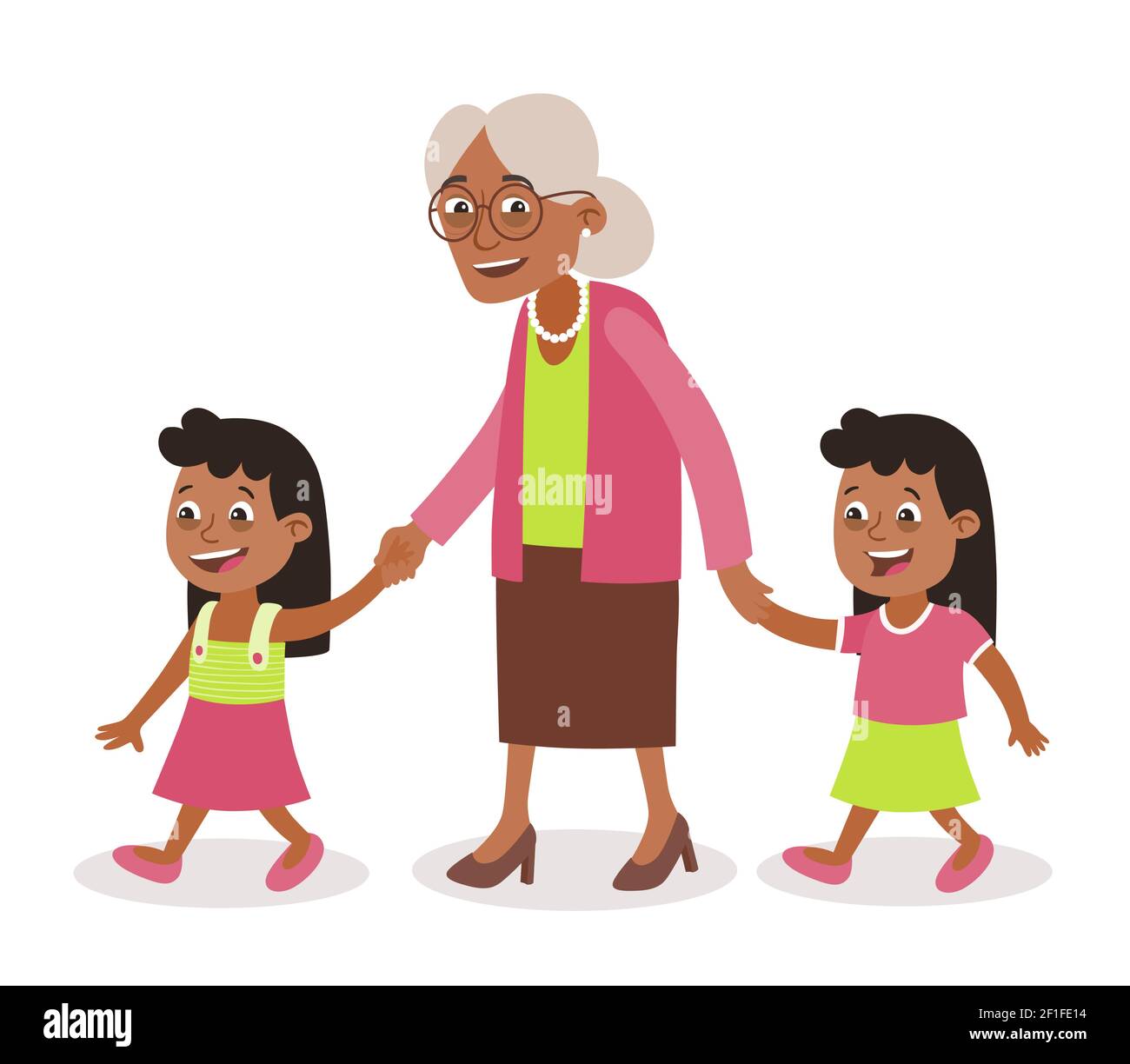 Grandmother with her grandchildren walking, she takes them by the hand.Two girls, tweens. Cartoon style, isolated on white background. Vector illustra Stock Vector
