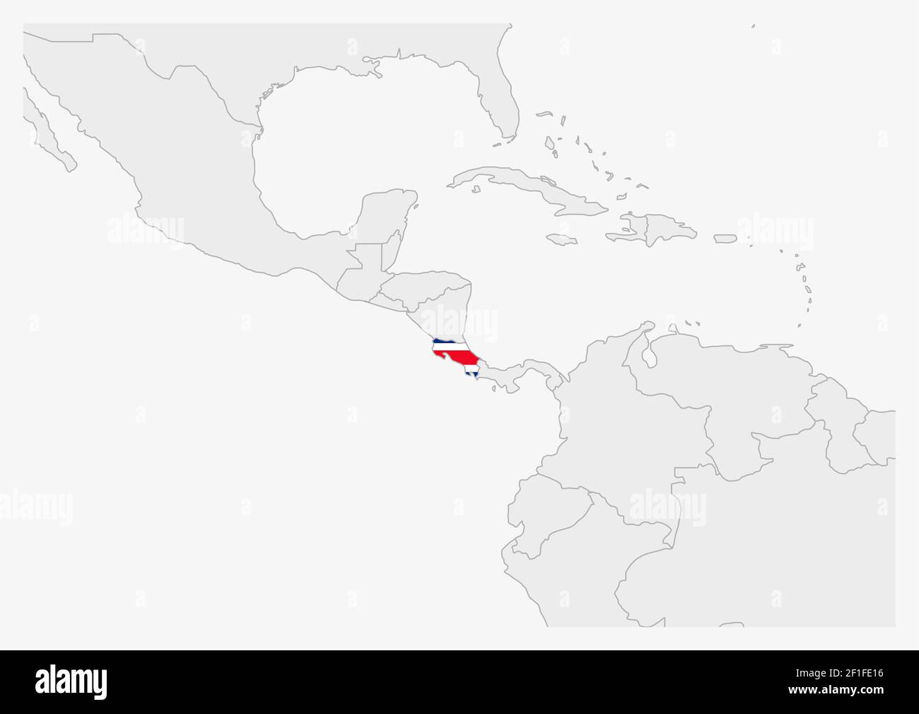 Costa Rica map highlighted in Costa Rica flag colors, gray map with neighboring countries Stock