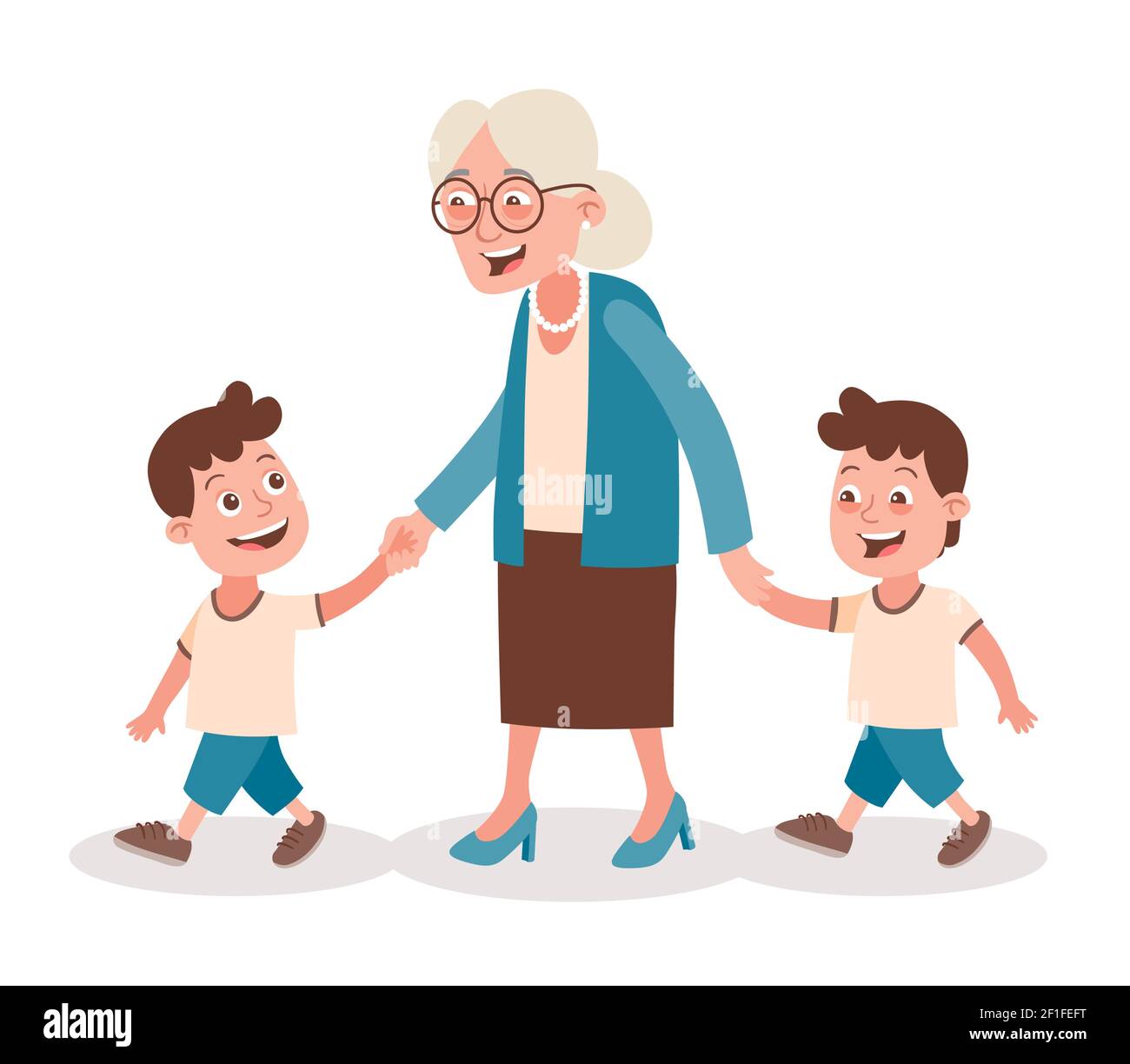 Grandmother with her grandchildren walking, she takes them by the hand. Two boys, twins. Cartoon style, isolated on white background. Vector illustrat Stock Vector