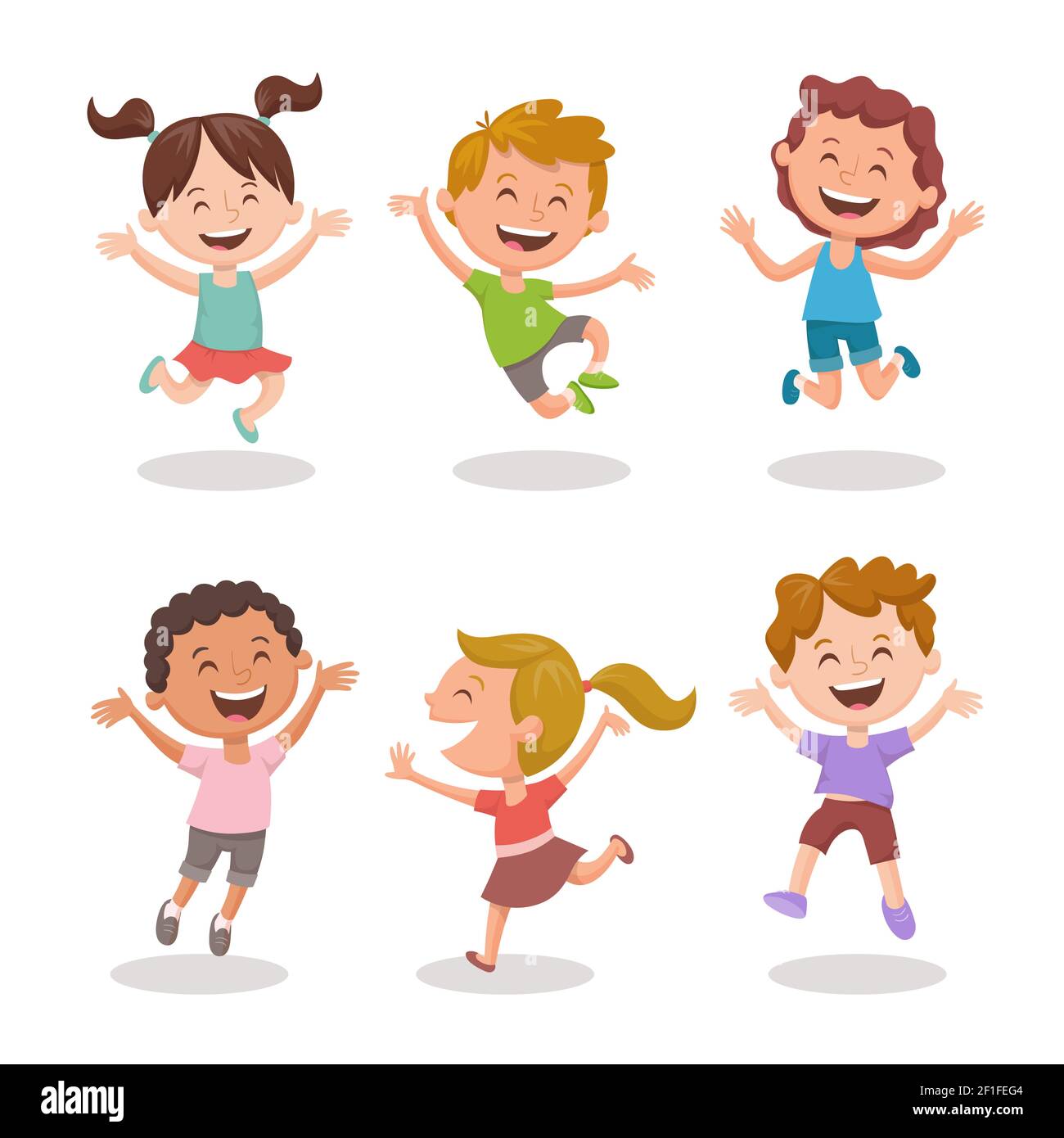 Happy multiracial kids joyfully jumping and laughing. Cartoon character design, isolated on white background. Set 3 of 3. Stock Vector