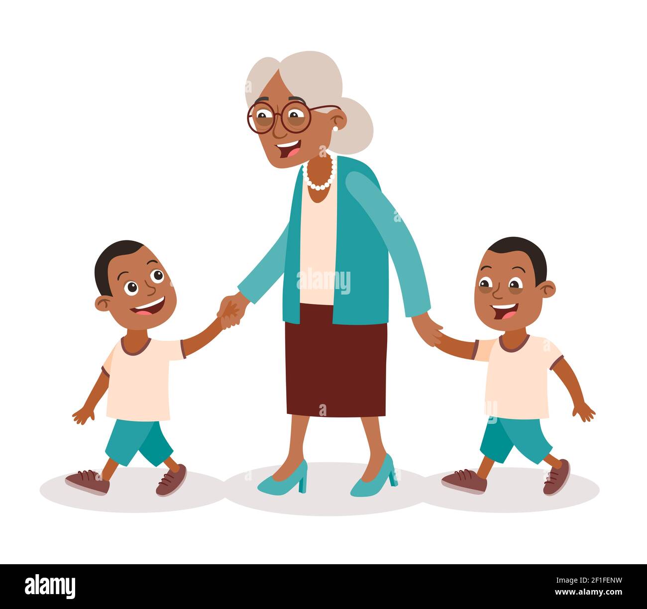 Grandmother with her grandchildren walking. Two boys, twins. She takes them by the hand. Cartoon style, isolated on white background. Vector illustrat Stock Vector