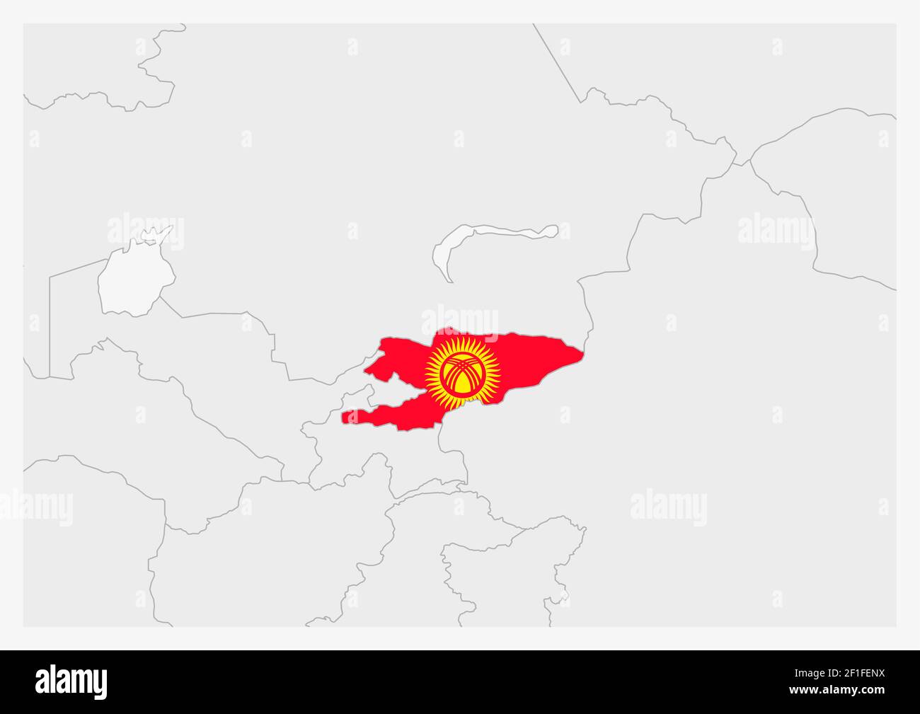 Kyrgyzstan map highlighted in Kyrgyzstan flag colors, gray map with