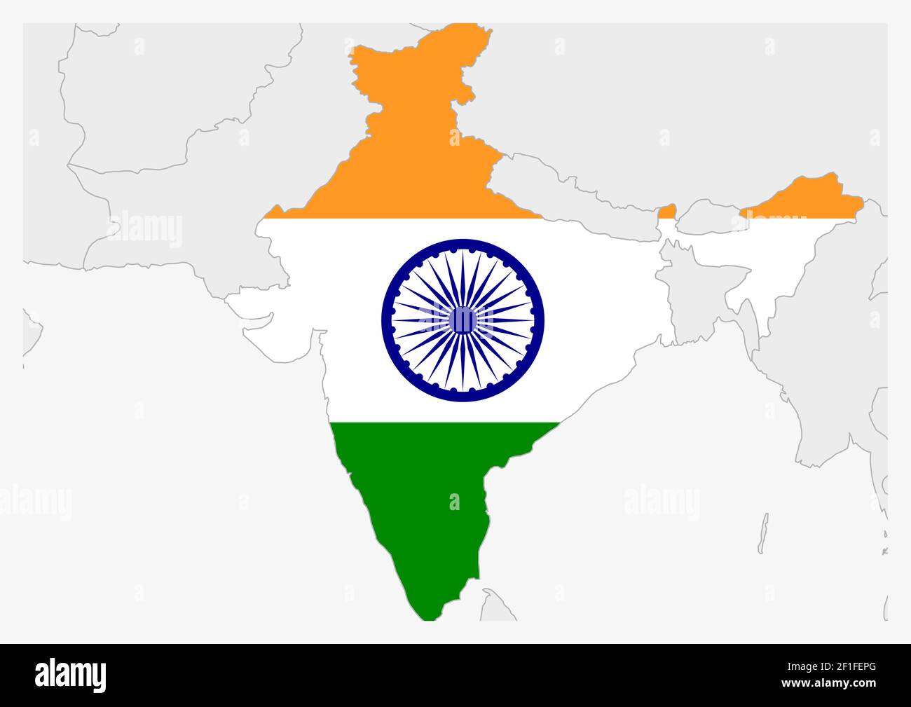 India map highlighted in India flag colors, gray map with neighboring ...