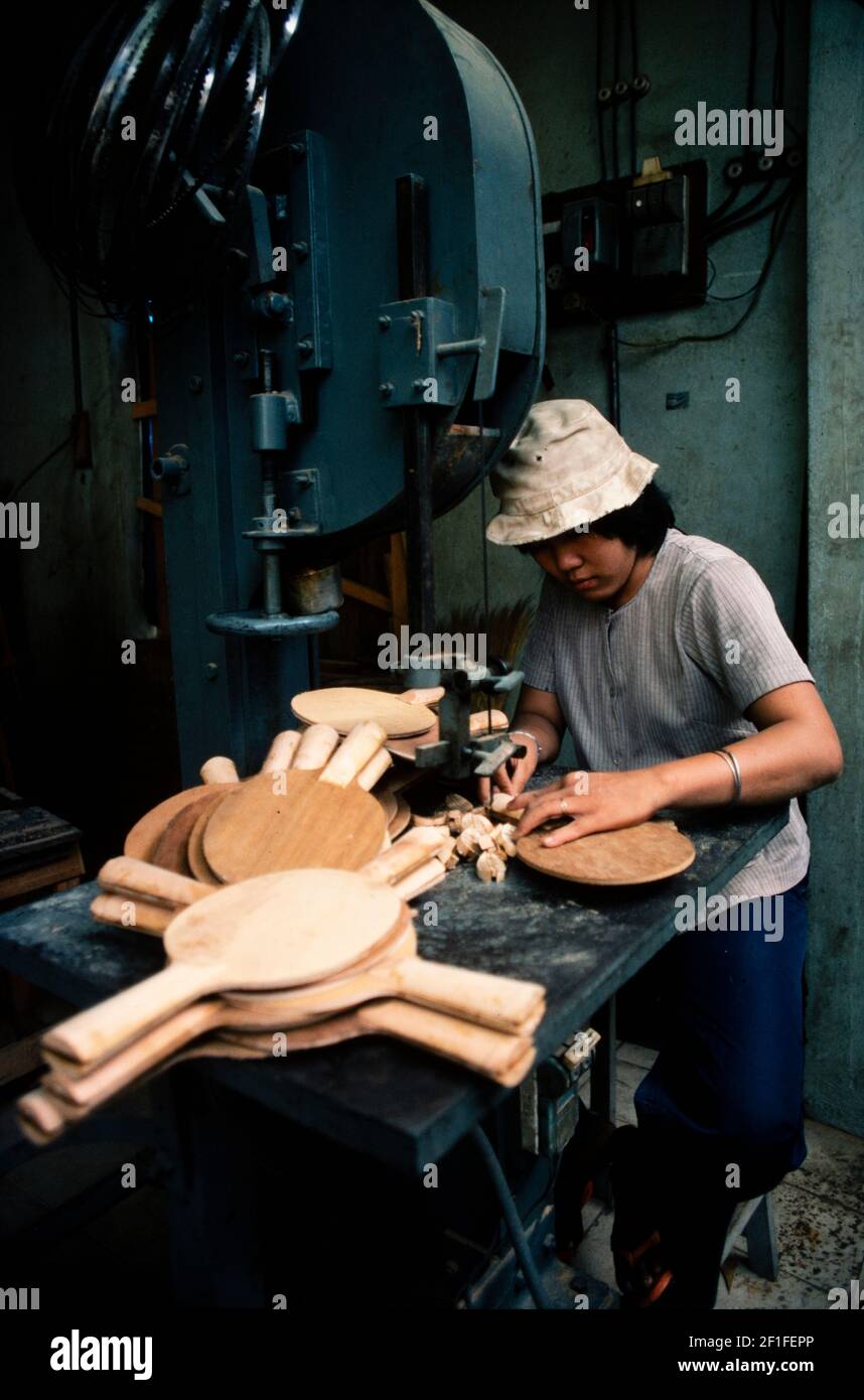 A workshop making ping pong bats, Ho Chi Minh City, Vietnam, June 1980 Stock Photo