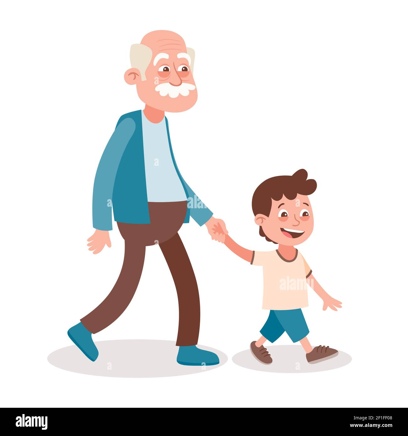 Grandfather and grandson walking, he takes him by the hand. Cartoon style, isolated on white background. Vector illustration. Stock Vector