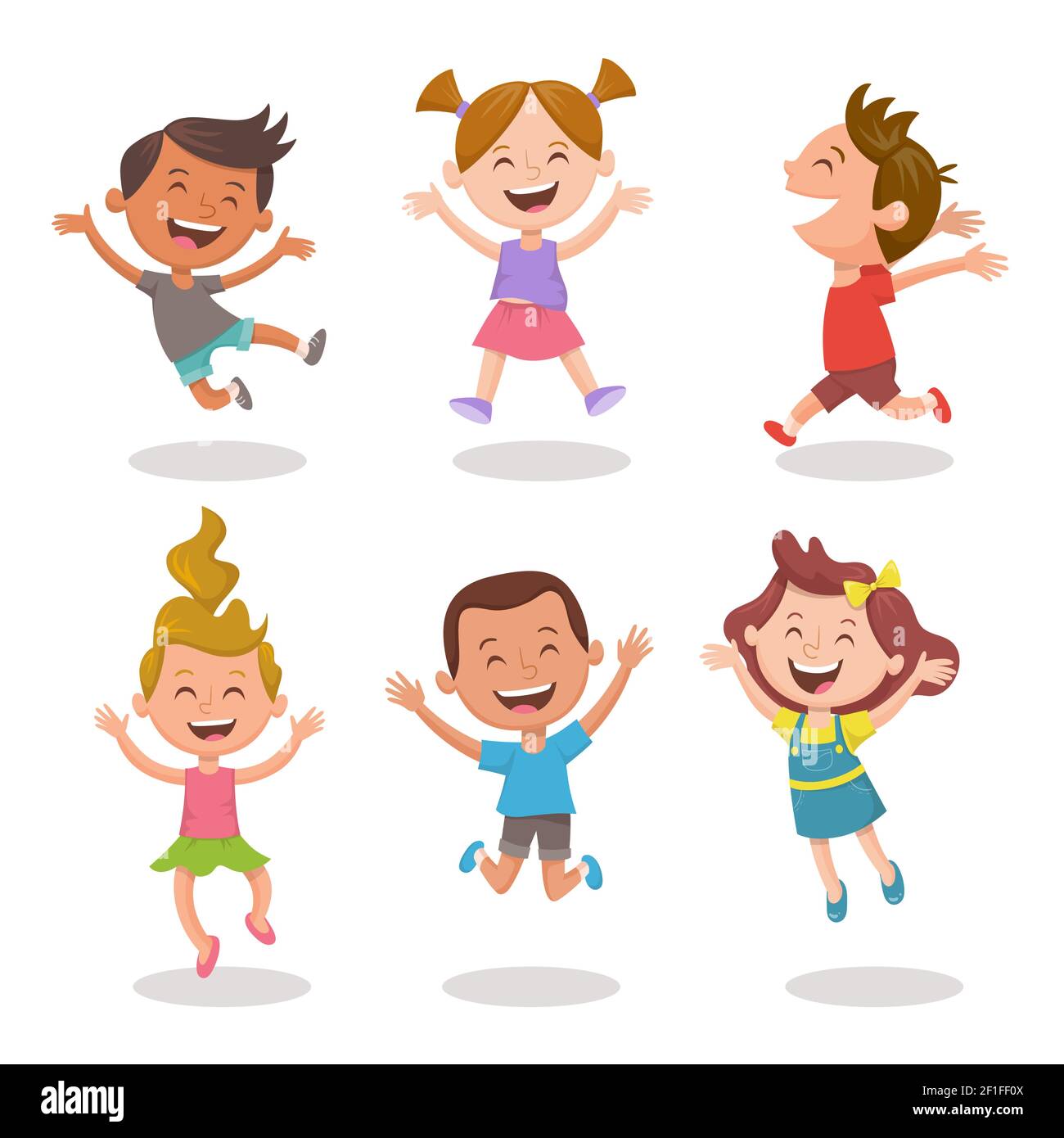 Happy multiracial kids joyfully jumping and laughing. Cartoon character design, isolated on white background. Set 2 of 3. Stock Vector