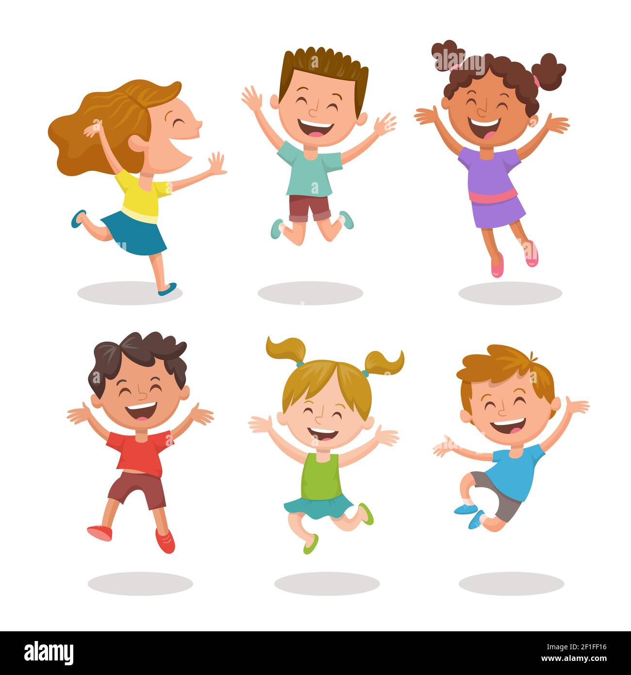 Happy multiracial kids joyfully jumping and laughing. Cartoon character design, isolated on white background. Set 1 of 3. Stock Vector