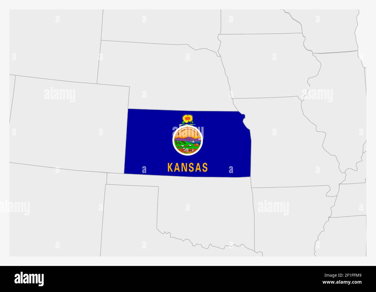 US state Kansas map highlighted in Kansas flag colors, gray map with neighboring usa states