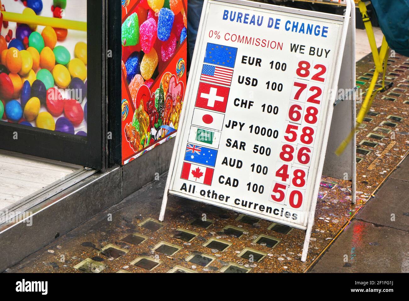 London, United Kingdom - February 01, 2019: Currency exchange rates table in front of Bureau the change office at central London. These are usually si Stock Photo