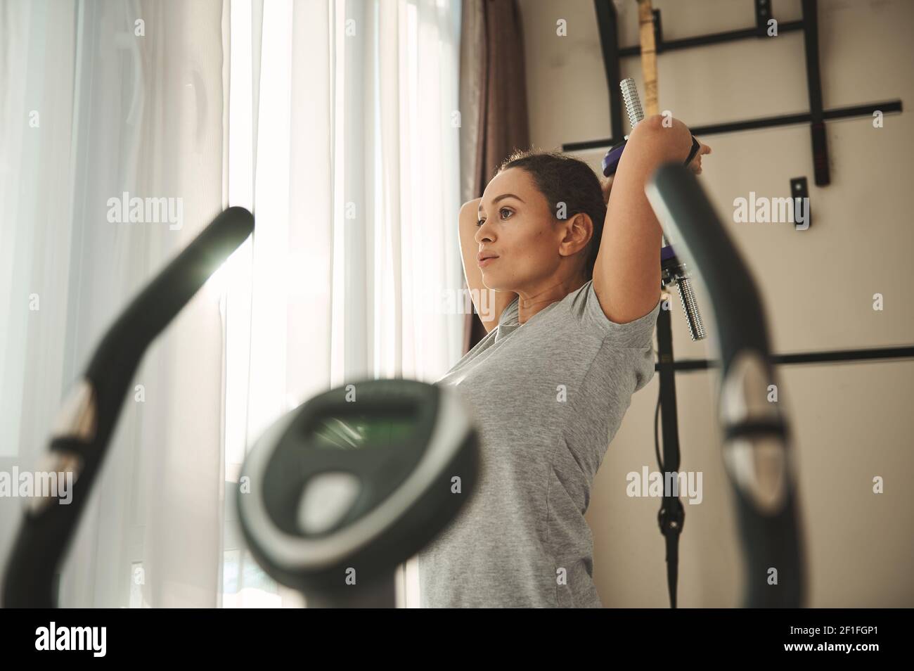Portrait of a beautiful young latin american woman exercising with dumbbell, pumping triceps muscles during workout at home gym Stock Photo