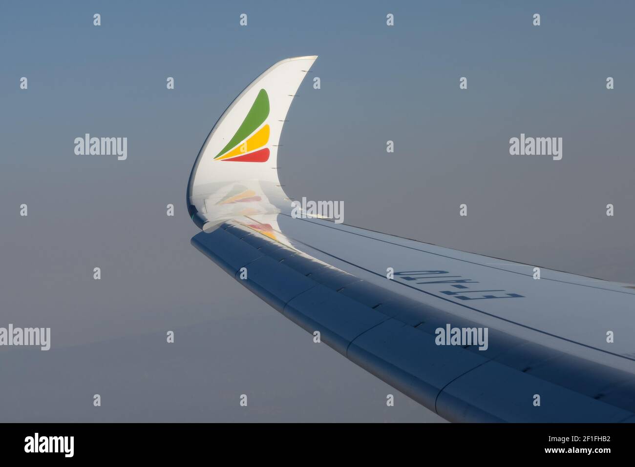 Airbus A350 wingtip, also know as sharklets. Curved wingtips design of A350-900 aircraft of Ethiopian Airlines. Stock Photo
